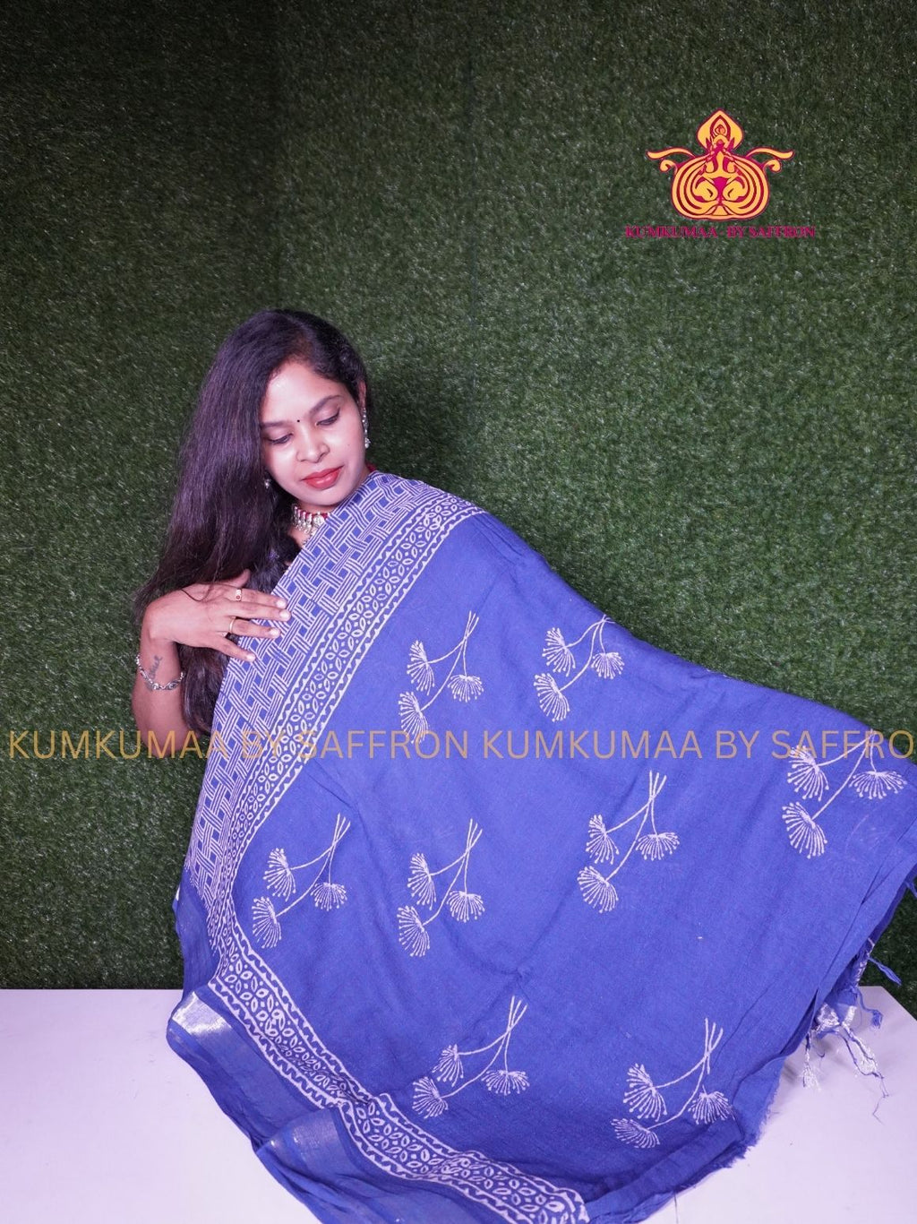 LINEN COTTON- BLUE COLOUR SAREE- FLORAL DESIGN - Soft and comfortable everyday wear saree - WITH BLOUSE - Kumkumaa exclusive - Comfort wear collection- Trendy and comfortable