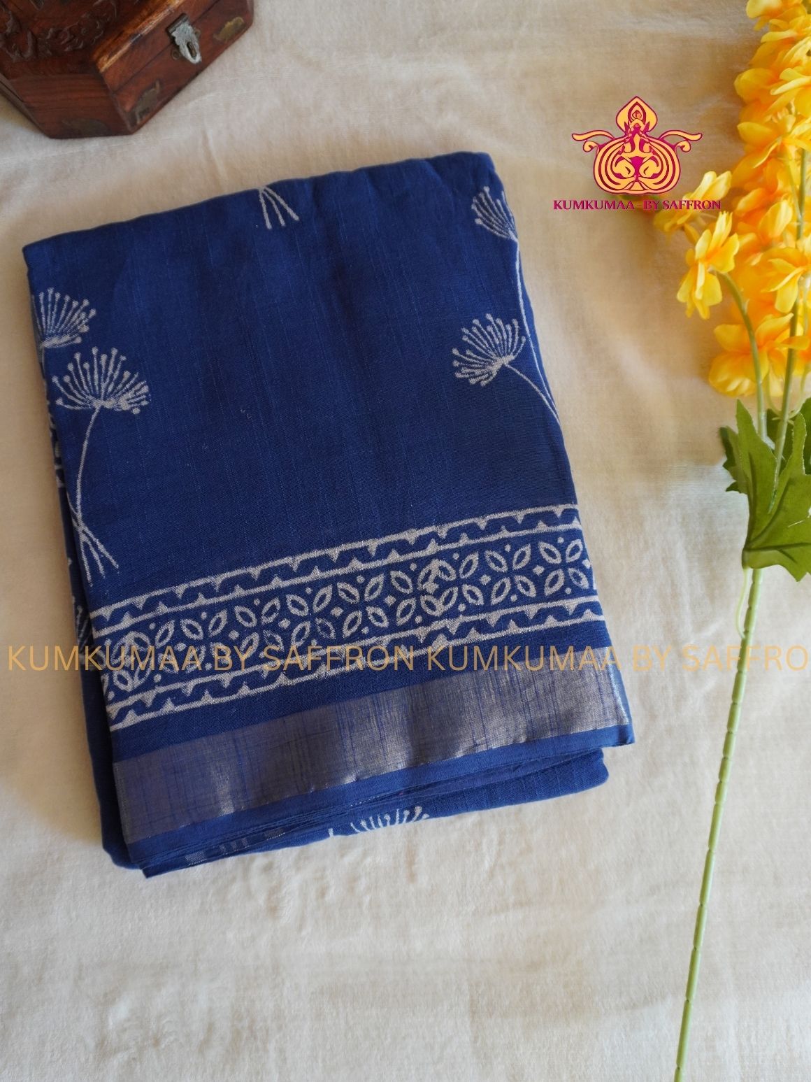 LINEN COTTON- BLUE COLOUR SAREE- FLORAL DESIGN - Soft and comfortable everyday wear saree - WITH BLOUSE - Kumkumaa exclusive - Comfort wear collection- Trendy and comfortable
