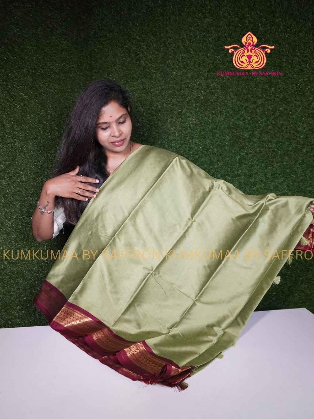 MERCEDISED COTTON-OLIVE GREEN AND MAROON SAREE WITH BLOUSE- KANCHI STYLE BORDER- TRADITIONAL WEAR - Kumkumaa FESTIVE WEAR - EXCLUSIVE SHINY AND SOFT
