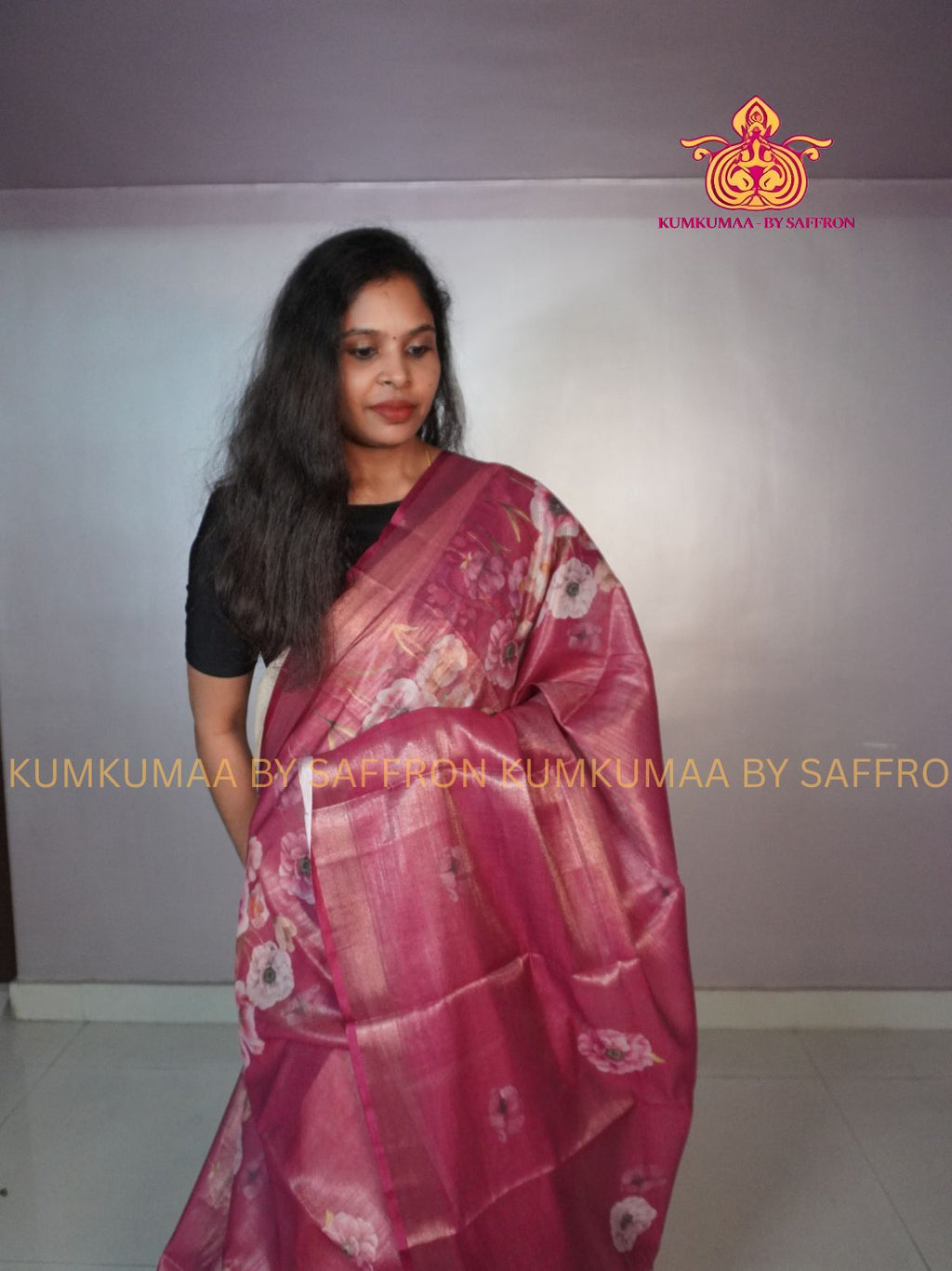 TISSUE LINEN COTTON- PINK COLOUR SAREE- FLORAL DESIGN - ELEGANT TRENDY SAREE - WITH BLOUSE - Kumkumaa exclusive - Comfort wear Collection- Trendy and comfortable