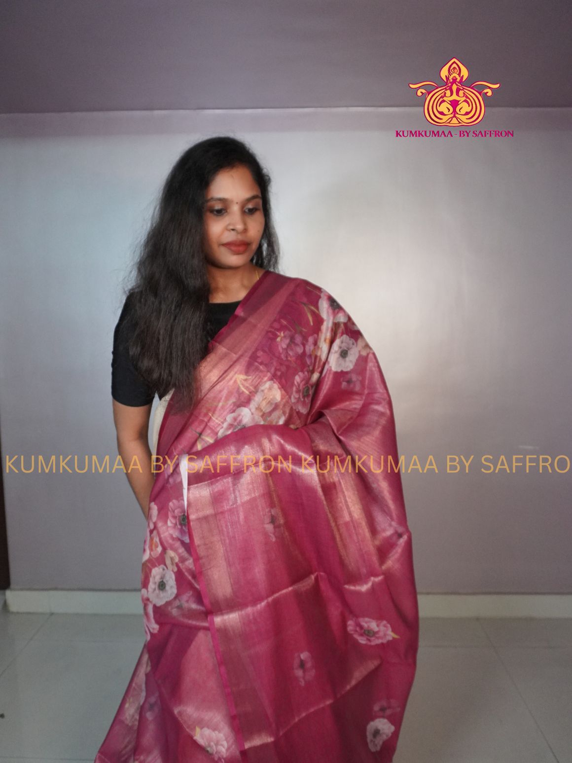 TISSUE LINEN COTTON- PINK COLOUR SAREE- FLORAL DESIGN - ELEGANT TRENDY SAREE - WITH BLOUSE - Kumkumaa exclusive - Comfort wear Collection- Trendy and comfortable