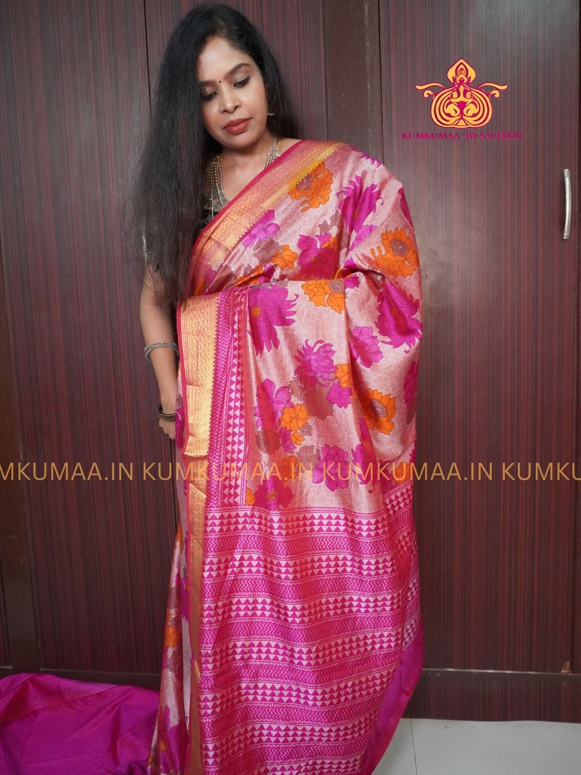 PATOLA SAREE  - COMFORTABLE FESTIVE Beautiful saree for women- PINK FLORAL PATOLA SAREE - ROSE FLORAL DESIGN - ZARI BORDER - KUMKUMAA TRENDY TRADITIONAL WEAR - Comfort - Confidence - Elegance