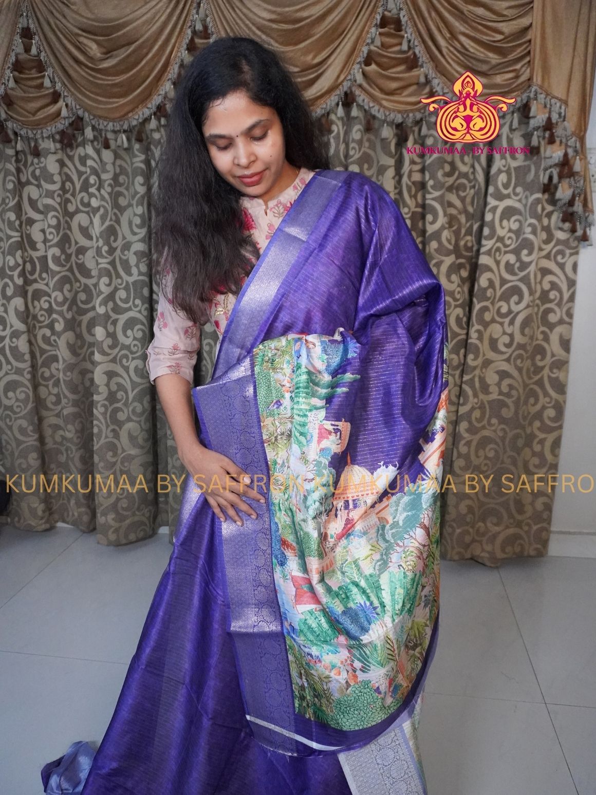 Dola Silk - COMFORTABLE FESTIVE Beautiful saree for women- PURPLE - ZARI STRIPES DESIGN - ANIMAL &amp; FOREST PRINT - KUMKUMAA TRENDY TRADITIONAL WEAR - Comfort - Confidence - Elegance