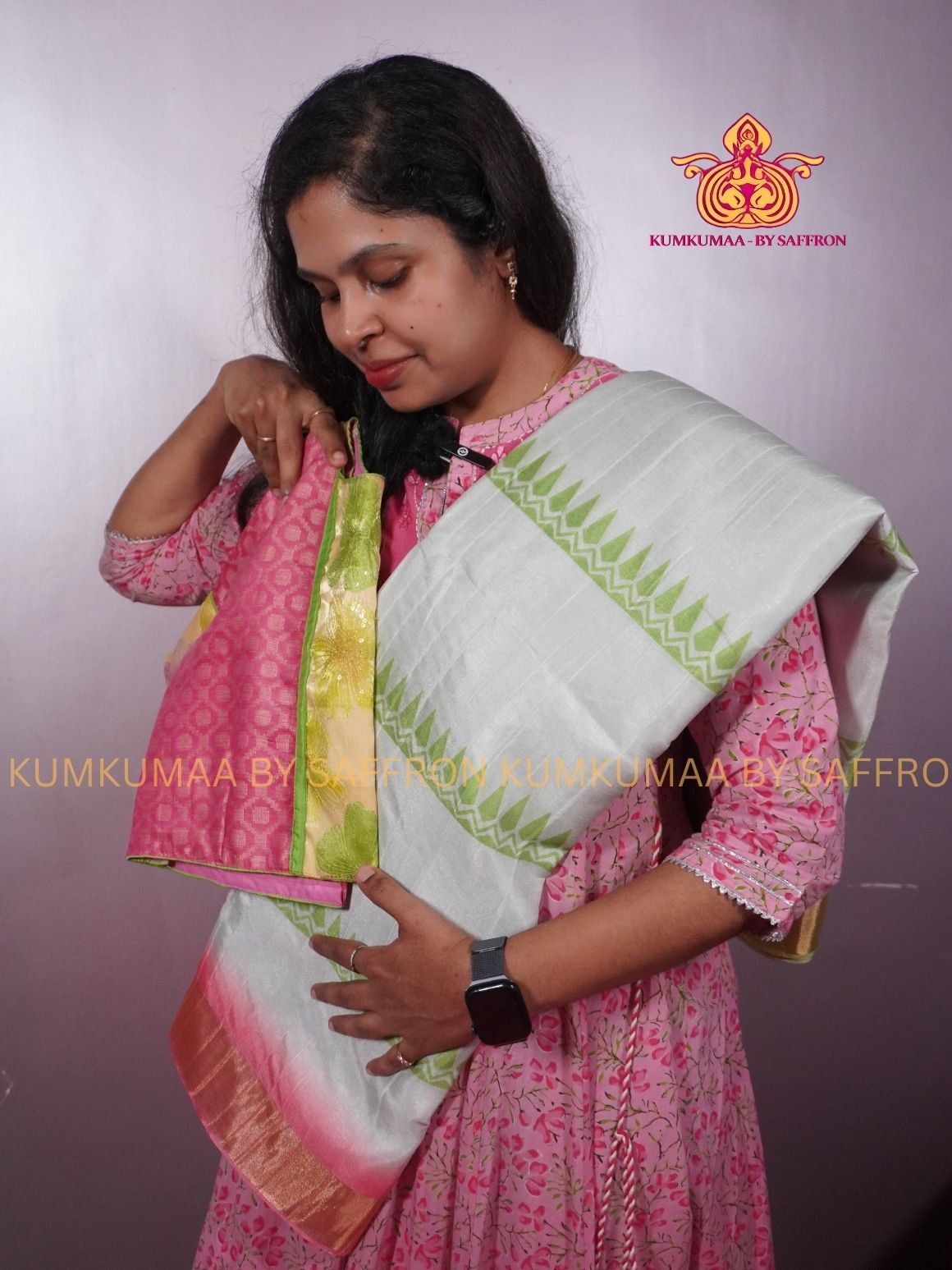 TUSSAR SILK -WHITE WITH MULTICOLOUR TILAK PRINTED SAREE- WITH FULLY STITCHED BLOUSE - LATEST COLLECTION - KUMKUMAA BY SAFFRON - UNIQUE DESIGN