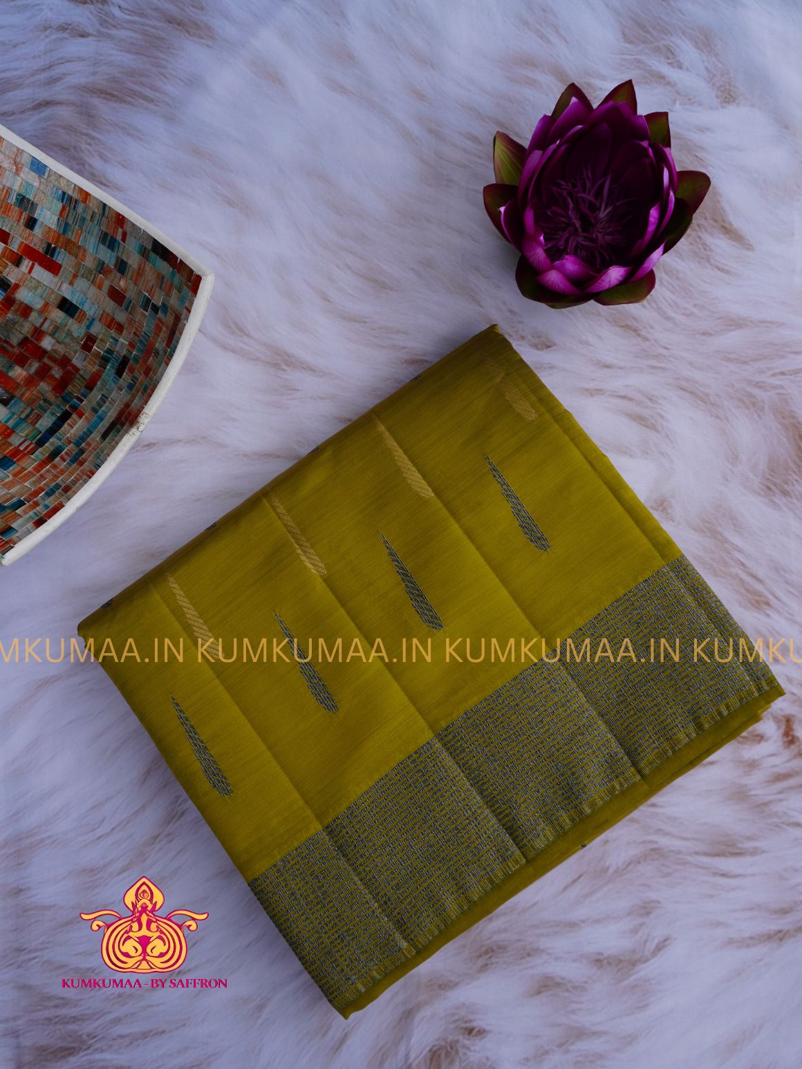 RAW SILK SAREE - MEHANDI GREEN SAREE WITH THILAK DESIGN WITH STRIPED BORDER - ETHNIC WEAR - EXCLUSIVE KUMKUMAA COLLECTION- RAW SILK MATERIAL - PREMIUM QUALITY -FESTIVE