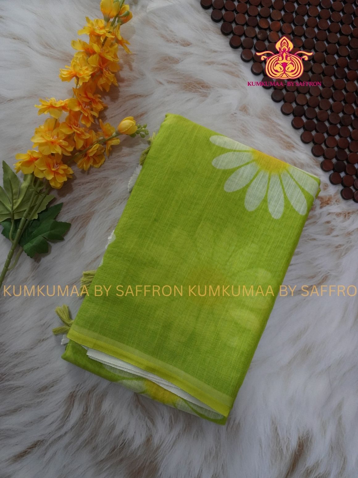 LINEN COTTON-FLOURESCENT GREEN COLOUR SAREE- WHITE FLORAL DESIGN - Soft and comfortable everyday wear saree - WITH BLOUSE - Kumkumaa exclusive - Comfort wear Collection- Trendy and comfortable