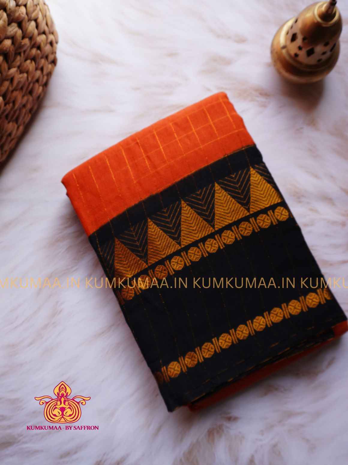 SUNGUDI COTTON- ORANGE WITH BLACK CHECKED WITH RETTAPET ZARI TEMPLE AND RUDHRAKSH BORDER - WITH BLOUSE - Kumkumaa comfort wear -Soft and breathable -Handloom