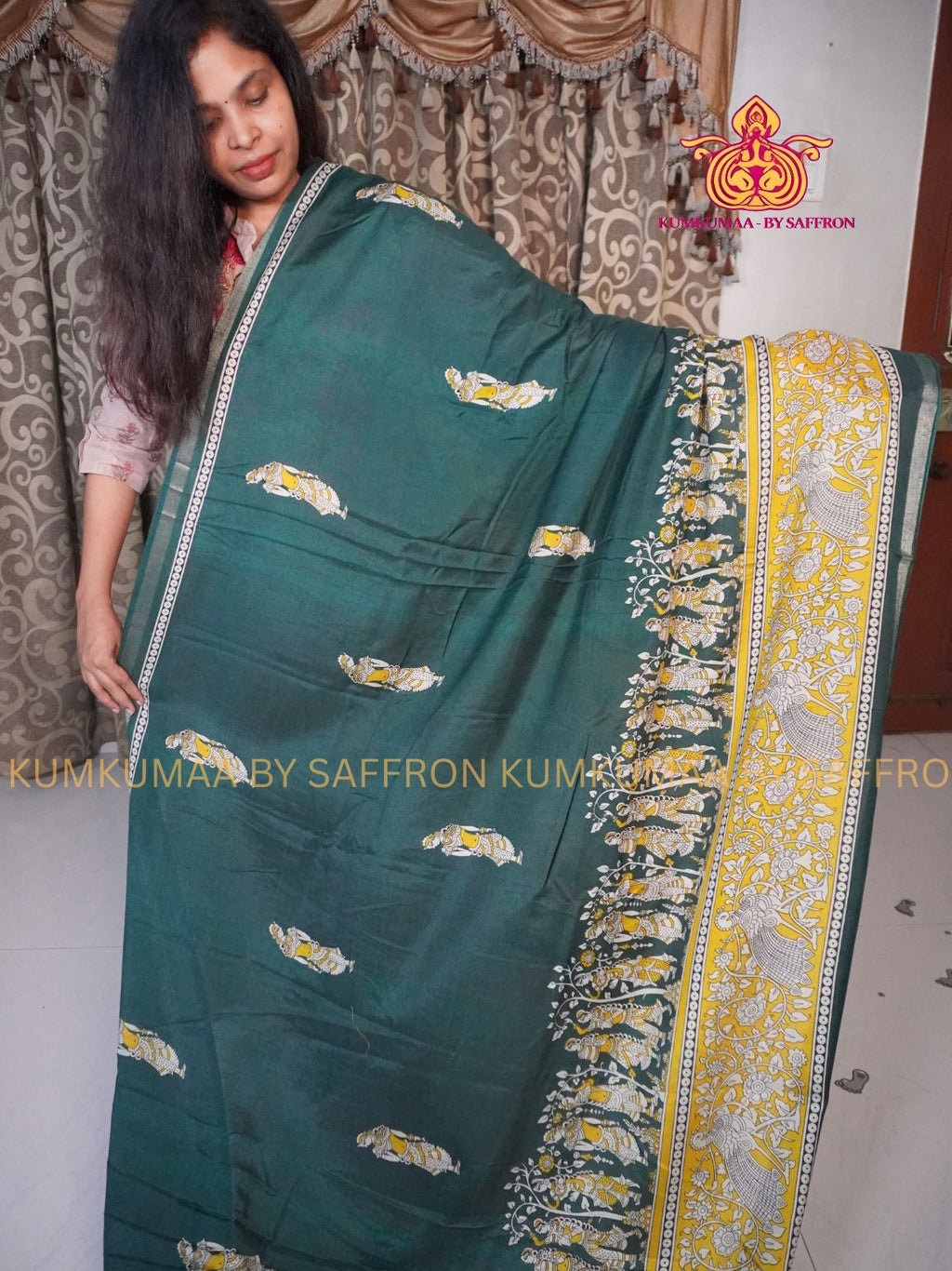 MAHESHWARI COTTON SILK- DARK GREEN AND YELLOW SAREE WITH BLOUSE - MINIMALISTIC BORDER -FLORAL DESIGN PRINTED- Kumkumaa FESTIVE - OCCASION ELEGANCE - STYLISH AND BEAUTIFUL