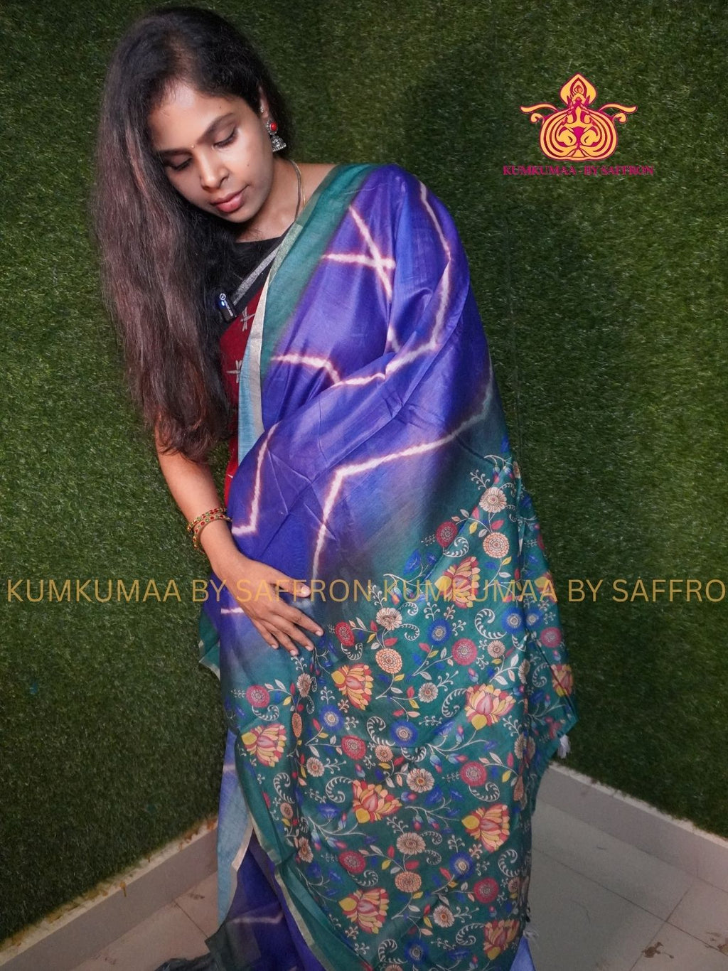CHANDERI COTTON - PURPLE WITH DARK GREEN - ZIG ZAG DESIGN FLORAL BLOUSE AND PALLU- PROFESSIONAL WEAR- MINIMALIST BORDER - LATEST COLLECTION - KUMKUMAA BY SAFFRON - ELITE DESIGN