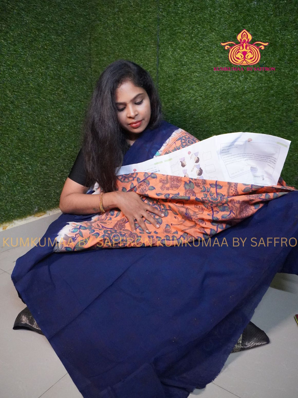 MUL COTTON- PEACH & NAVY BLUE SAREE WITH BLOUSE - KALAMKARI PRINT- SOFTEST EVERYDAY WEAR - BEST COTTON SAREE- COMFORT AND TRENDY - STYLE WITH COMFORT - Kumkumaa EVERYDAY SAREE (Copy) (Copy) (Copy)