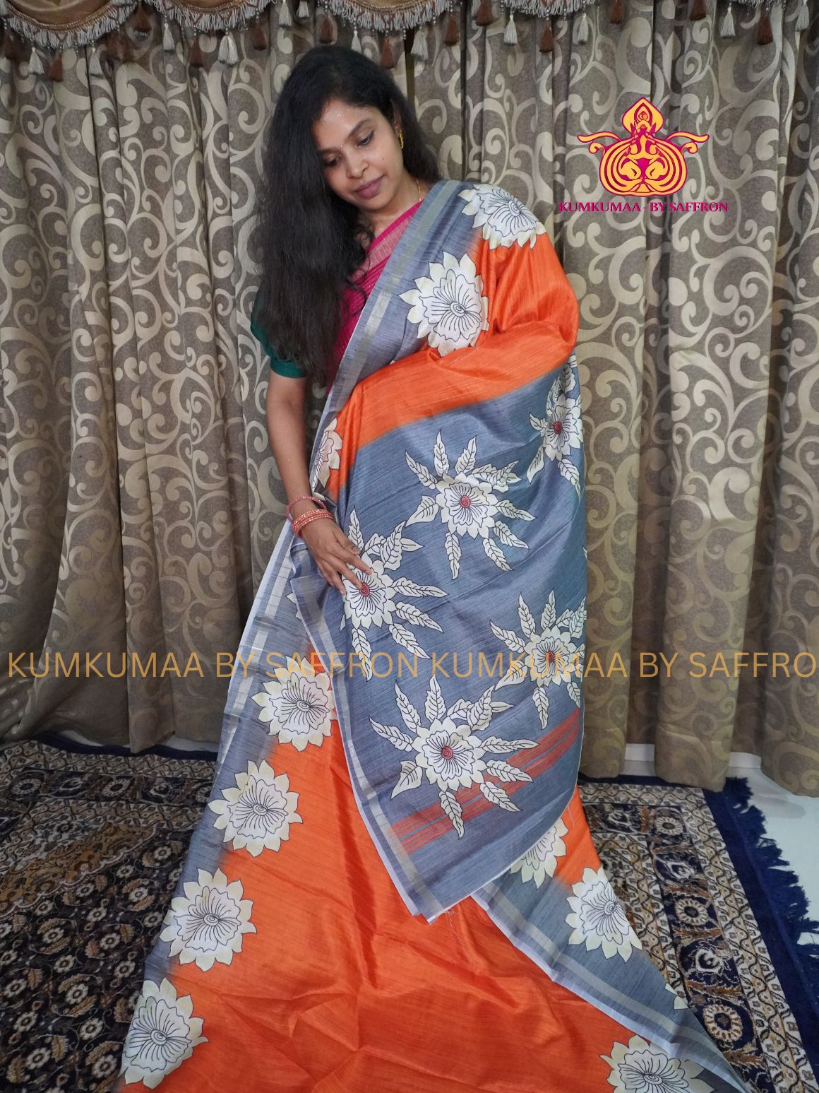 TUSSAR SILK - ORANGE AND GRAY - FLORAL PRINTED SAREE - SKIRTING BORDER - LATEST COLLECTION - KUMKUMAA BY SAFFRON - UNIQUE DESIGN