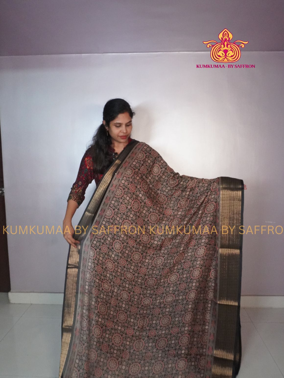 GEORGETTE- BLACK SAREE WITH AJRAKH DESIGN - ETHNIC WEAR - EXCLUSIVE KUMKUMAA COLLECTION- FLOWY MATERIAL - CHIC AND GORGEOUS