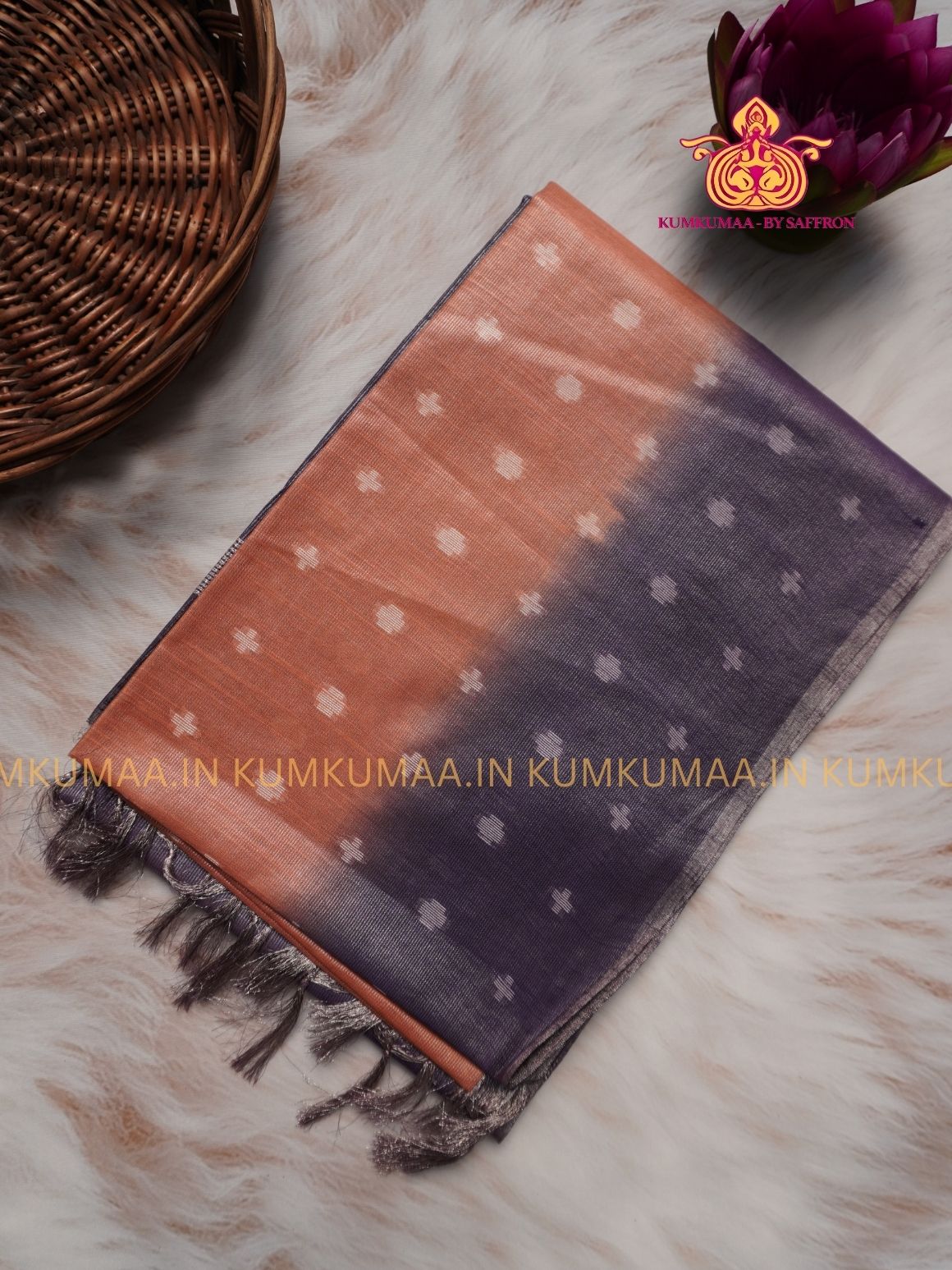 FANCY SAREE - ORANGE AND PURPLE - GOLD PRINTS ALL OVER- TRENDY WEAR SAREE- Beautiful saree for women - KUMKUMAA FANCY FOR ALL OCCASION