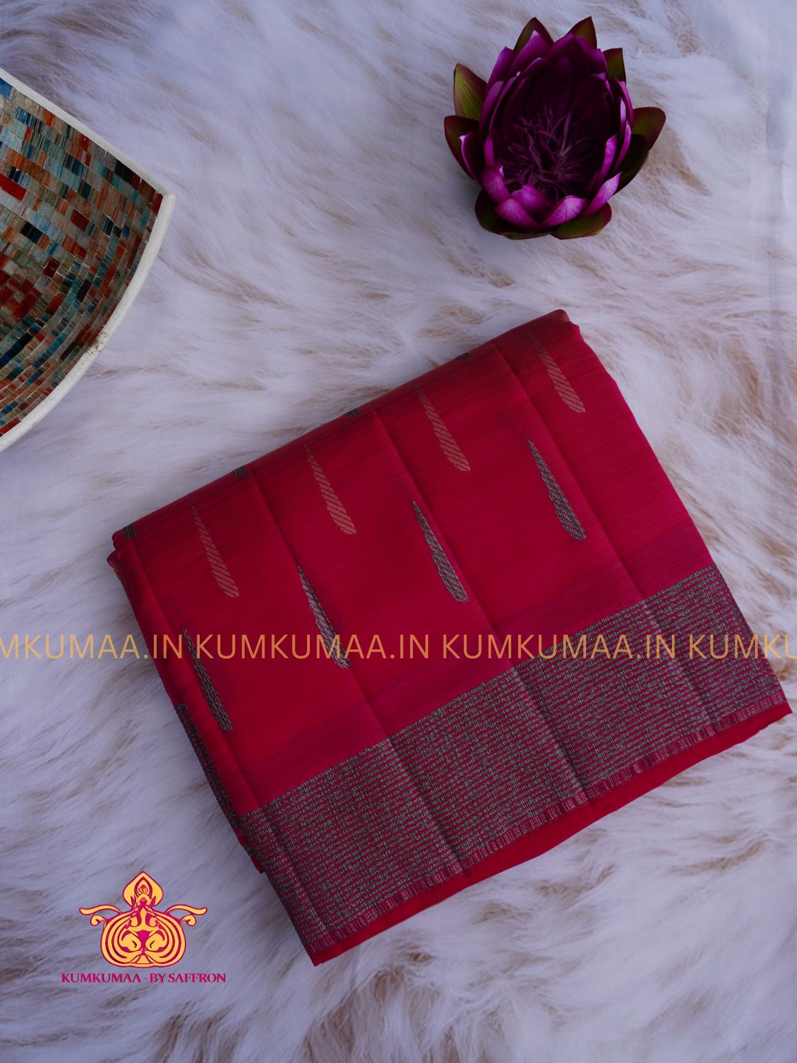 RAW SILK SAREE - PINK SAREE WITH THILAK DESIGN WITH STRIPED BORDER - ETHNIC WEAR - EXCLUSIVE KUMKUMAA COLLECTION- RAW SILK MATERIAL - PREMIUM QUALITY -FESTIVE
