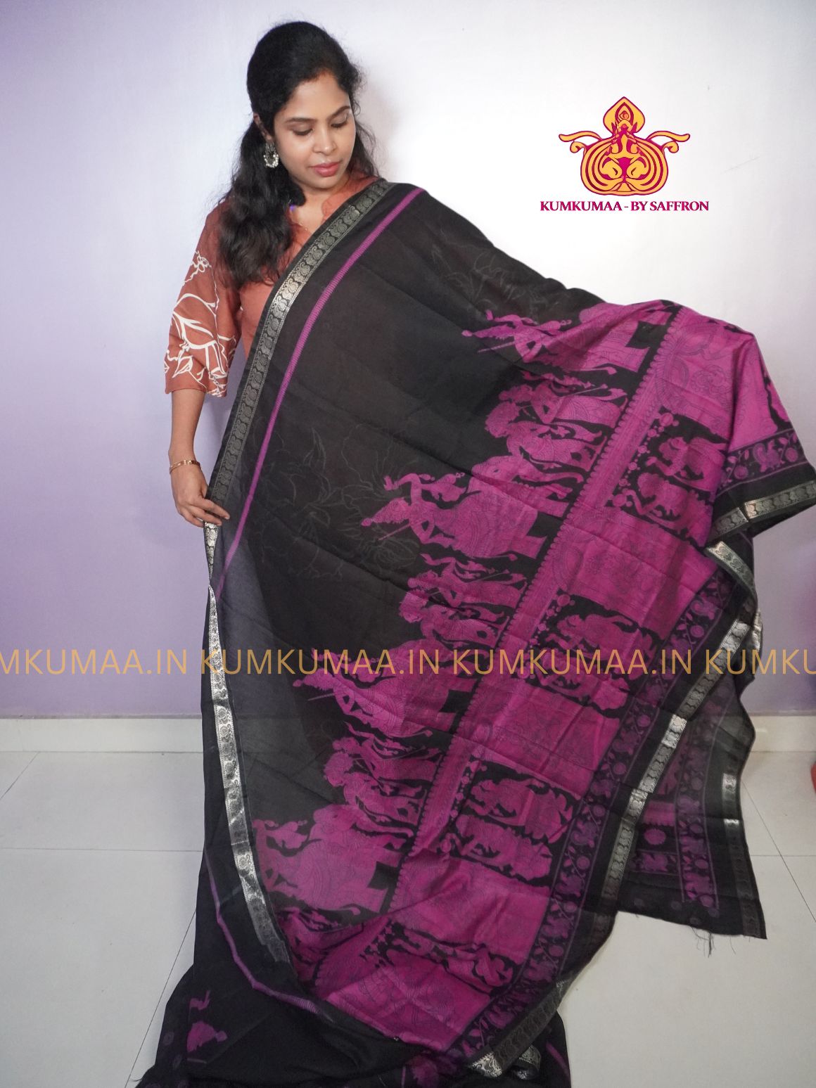 MAHESHWARI COTTON - BLACK AND PINK SAREE WITH BLOUSE - Kumkumaa FESTIVE - KALAHASTI DESIGN SKIRTING BORDER - OCCASION ELEGANCE - STYLISH AND BEAUTIFUL