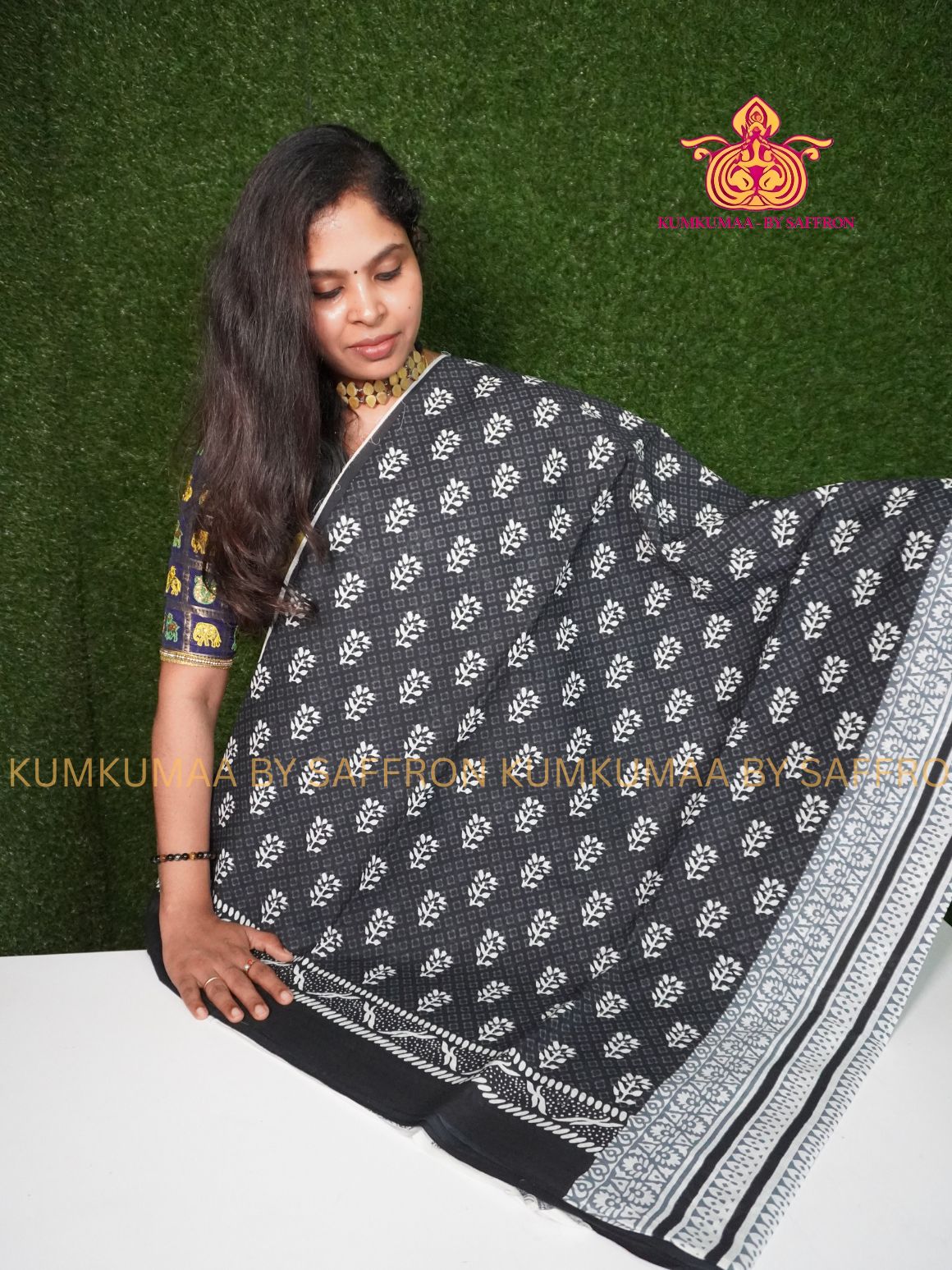 MUL COTTON-BLACK SAREE WITH BLOUSE - SOFTEST EVERYDAY WEAR - BEST COTTON SAREE- COMFORT AND TRENDY - STYLE WITH COMFORT - Kumkumaa EVERYDAY SAREE