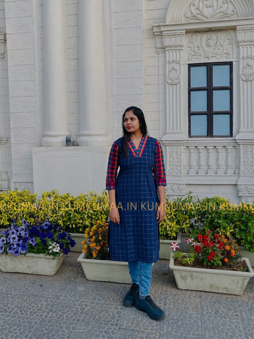 NAVY BLUE WITH MILD GOLD CHECKED KURTI WITH MADRAS CHECKS SLEEVE AND COLLAR, STRAIGHT CUT KURTI , SMART FIT, KUMKUMAA CREATION, CUSTOM MADE KURTI