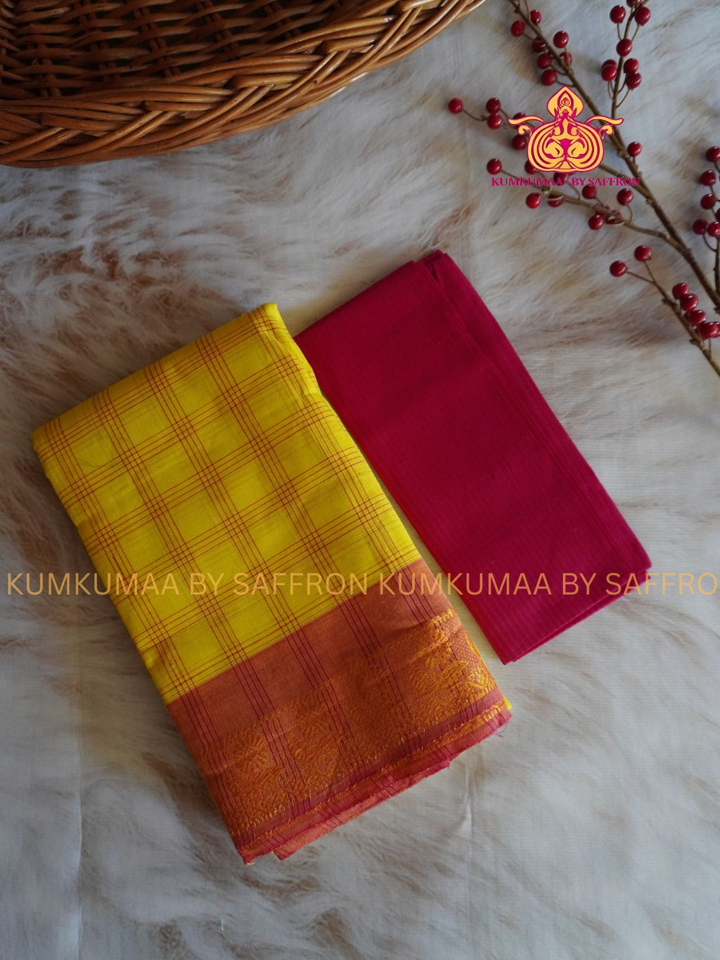CHETTINAD COTTON - YELLOW CHECKED SAREE WITH RED BORDER - SOFT AND COMFORTABLE - Kumkumaa Exclusive COMFORT EVERYDAY SAREE