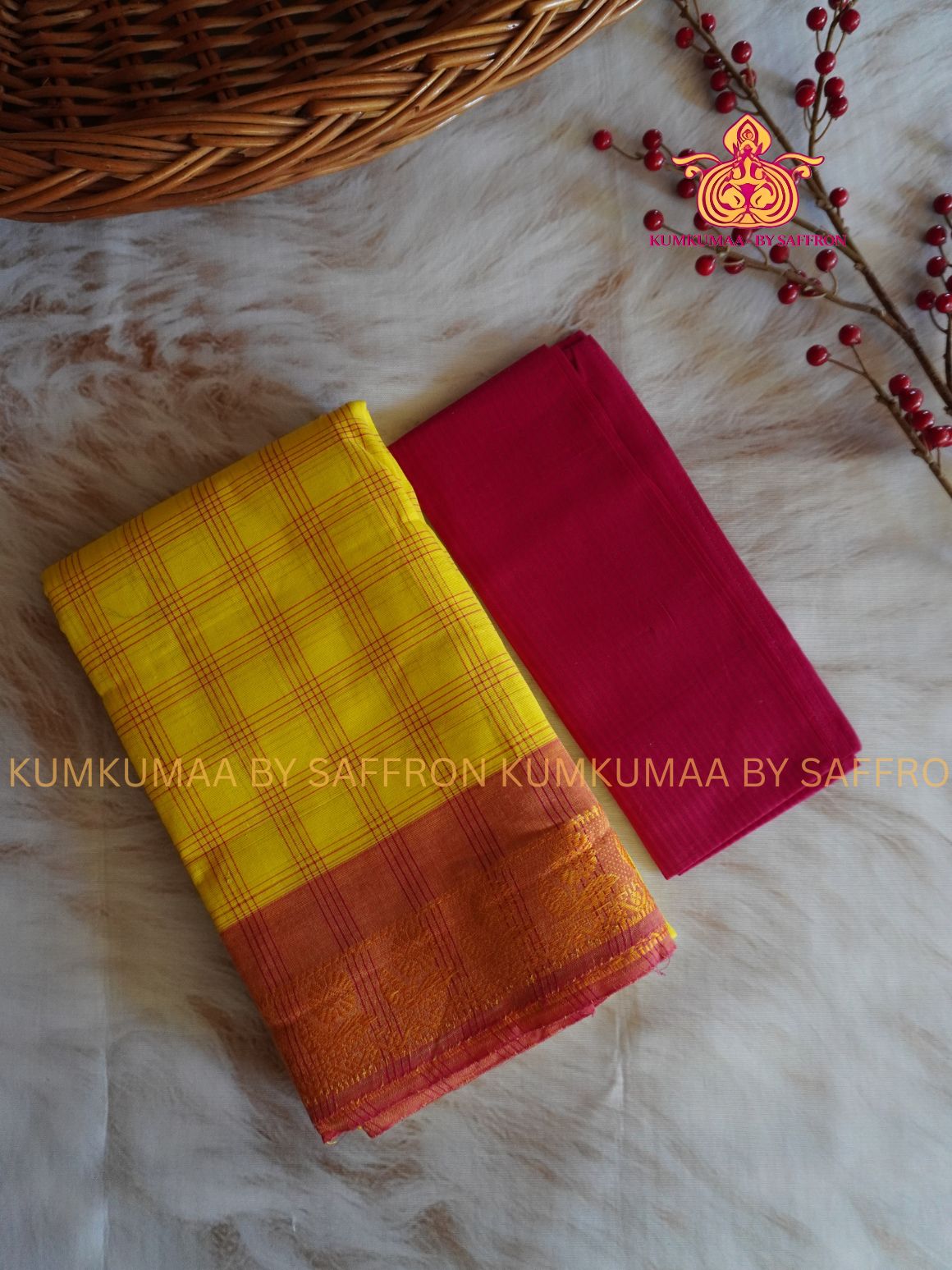 CHETTINAD COTTON - YELLOW CHECKED SAREE WITH RED BORDER - SOFT AND COMFORTABLE - Kumkumaa Exclusive COMFORT EVERYDAY SAREE
