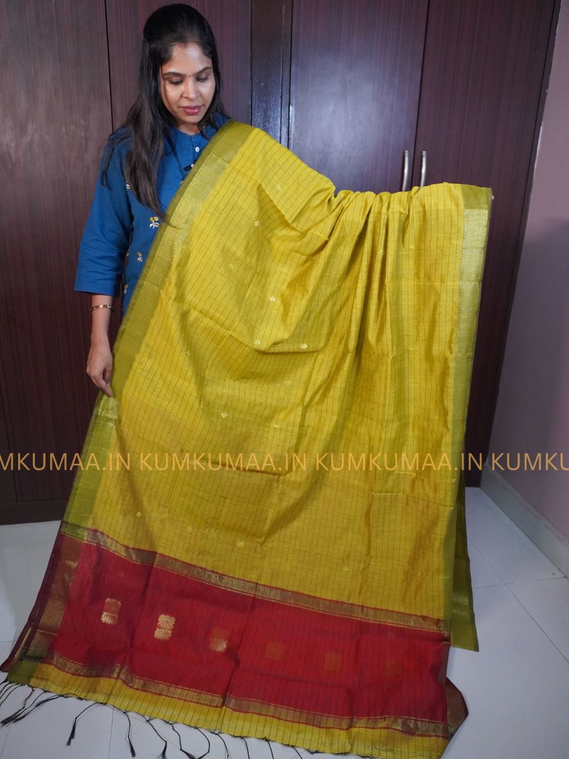 MAHESHWARI COTTON- YELLOW GREEN AND RED COLOUR STRIPED PRINT SAREE WITH BLOUSE - TRENDY - FLORAL DESIGN - Kumkumaa Exclusive COLLECTION - LATEST ELEGANT SAREE