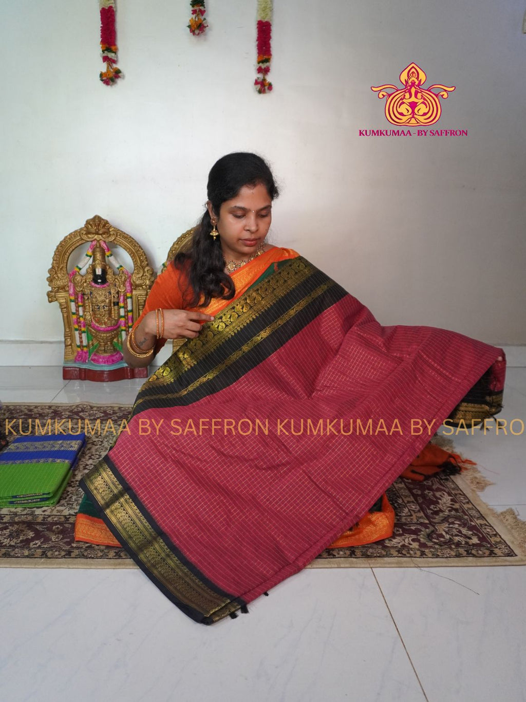KALYANI COTTON - MAJANTA PINK WITH BBLACK CHECKED SAREE- GOLD ZARI BORDER - Kumkumaa Exclusive traditional festival temple wear