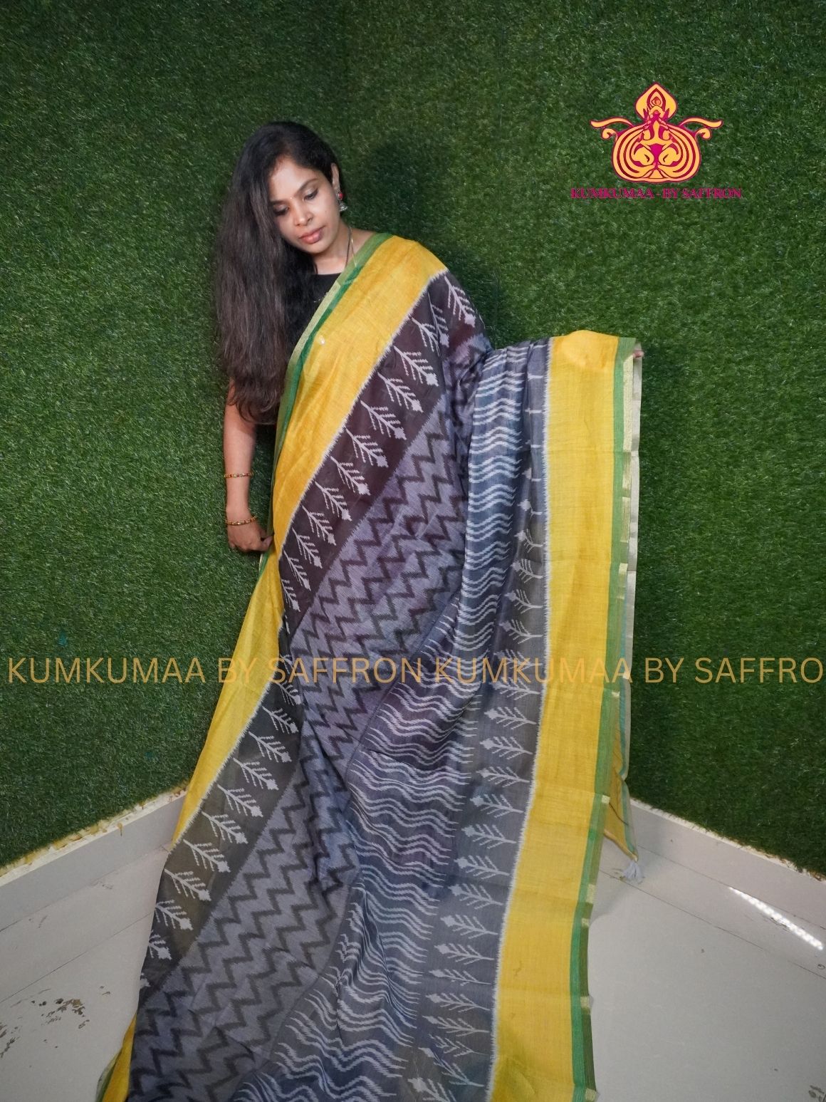 CHANDERI COTTON - GRAY AND YELLOW - ZIG ZAG DESIGN SAREE - PROFESSIONAL WEAR- MINIMALIST BORDER - LATEST COLLECTION - KUMKUMAA BY SAFFRON - ELITE DESIGN