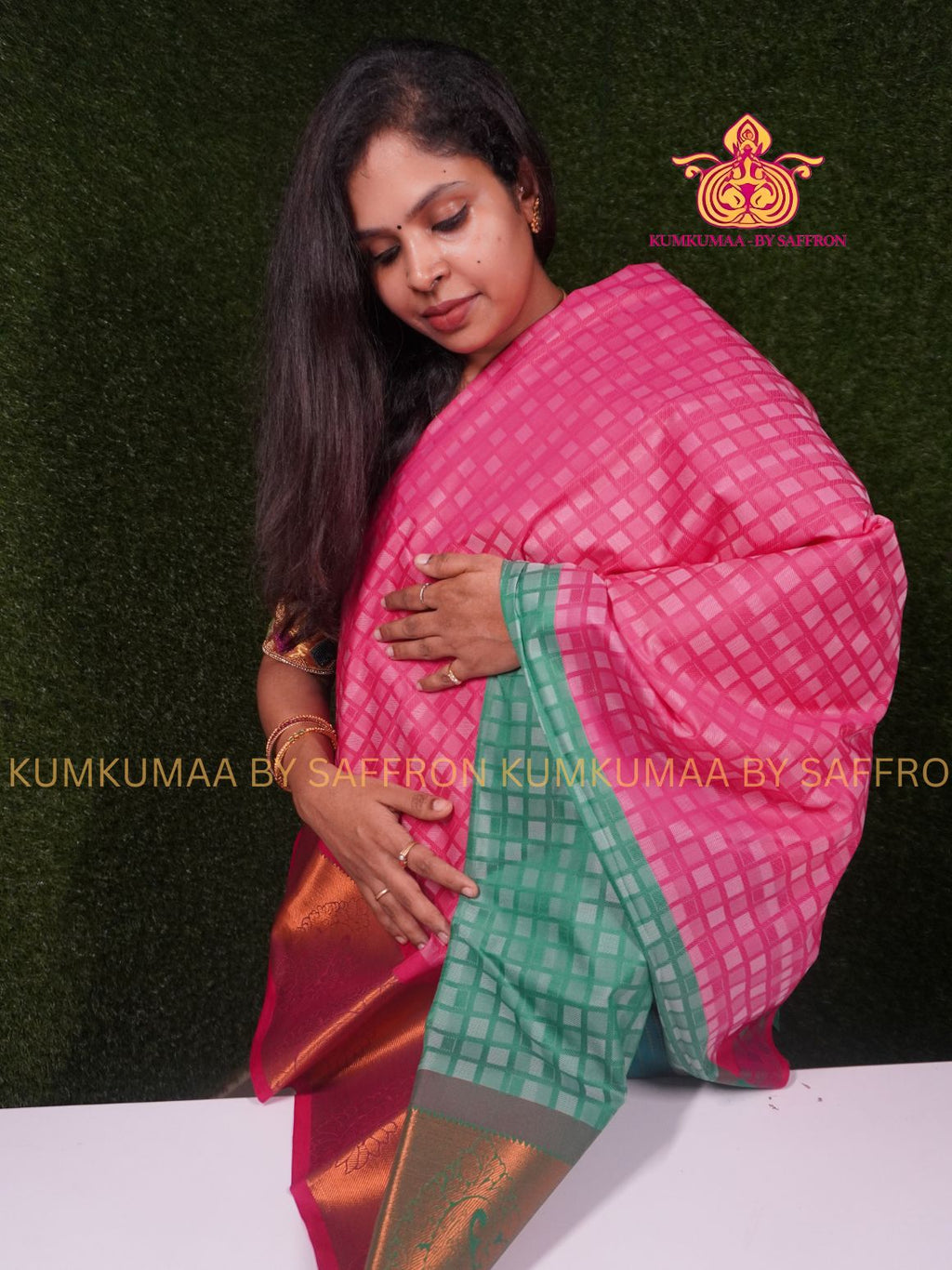 SILK COTTON - Samudrika styles saree- PINK CHECKED - GRAND OCCASIONAL SAREE- Beautiful saree for women - KUMKUMAA wedding saree