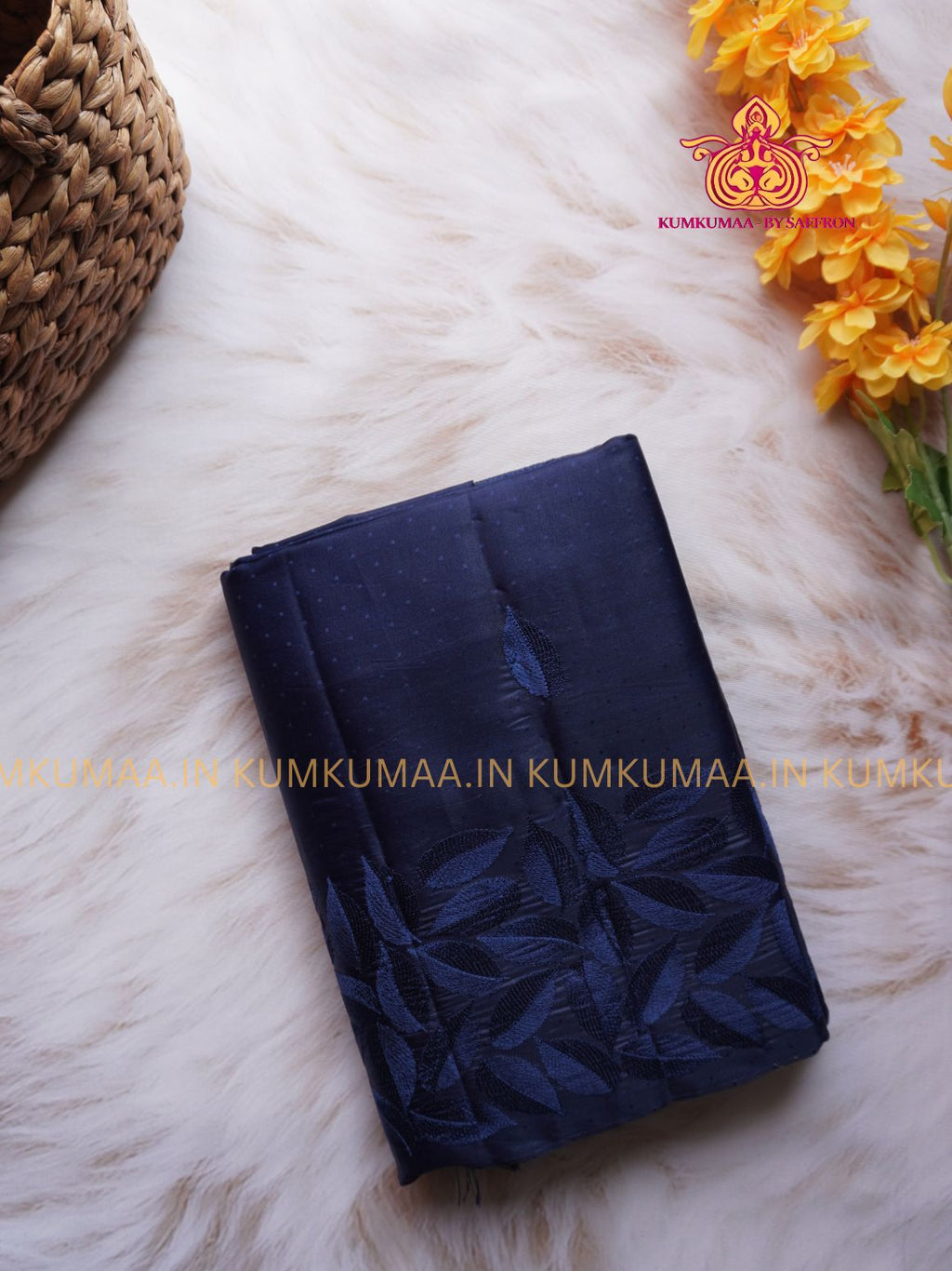 BUTTERSILK TUSSAR - NAVY BLUE COLOUR - LEAF DESIGN SELF EMBROIDERED SAREE - EMBOSED SELF DESIGN - LATEST COLLECTION - KUMKUMAA BY SAFFRON - UNIQUE DESIGN