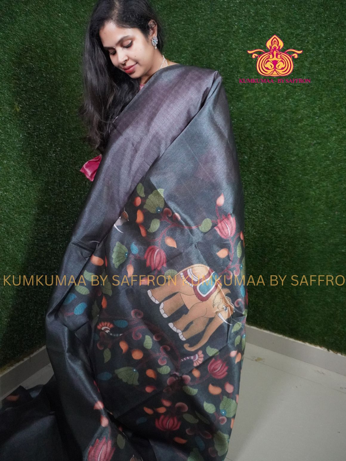 TUSSAR SILK -FOREST GREEN - CREEPER &amp; ELEPHANT PRINTED SAREE - WITHOUT BORDER - LATEST COLLECTION - KUMKUMAA BY SAFFRON - UNIQUE DESIGN