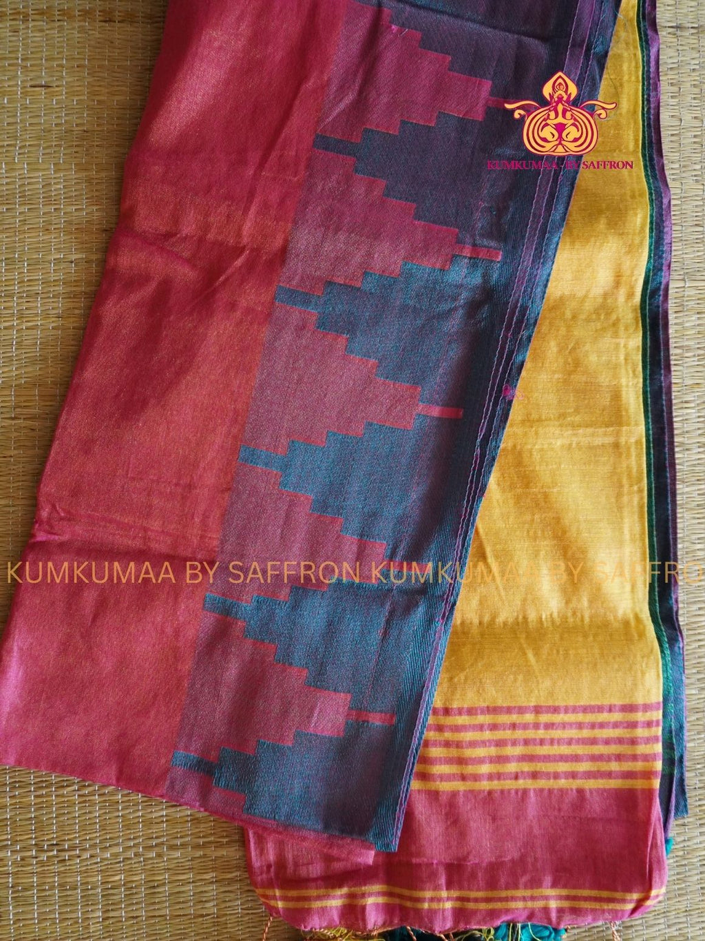 TISSUE KATHI COTTON- YELLOW AND PINK SAREE WITH BLOUSE- TISSUE TEMPLE BORDER DESIGN - Kumkumaa Exclusive SOFT KADHI COTTON - FANCY COMFORT