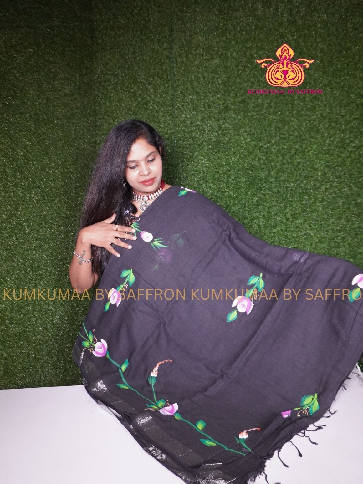 LINEN COTTON- BLACK COLOUR SAREE- FLORAL PAINTING DESIGN - Soft and comfortable everyday wear saree - WITH BLOUSE - Kumkumaa exclusive - Comfort wear  Collection- Trendy and comfortable
