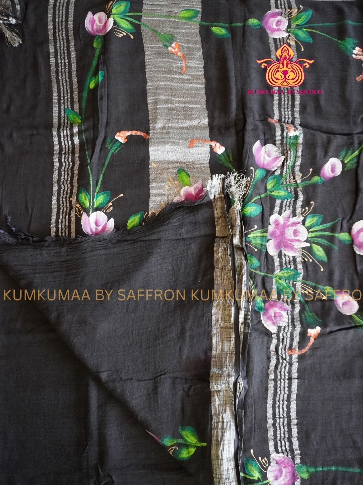 LINEN COTTON- BLACK COLOUR SAREE- FLORAL PAINTING DESIGN - Soft and comfortable everyday wear saree - WITH BLOUSE - Kumkumaa exclusive - Comfort wear  Collection- Trendy and comfortable