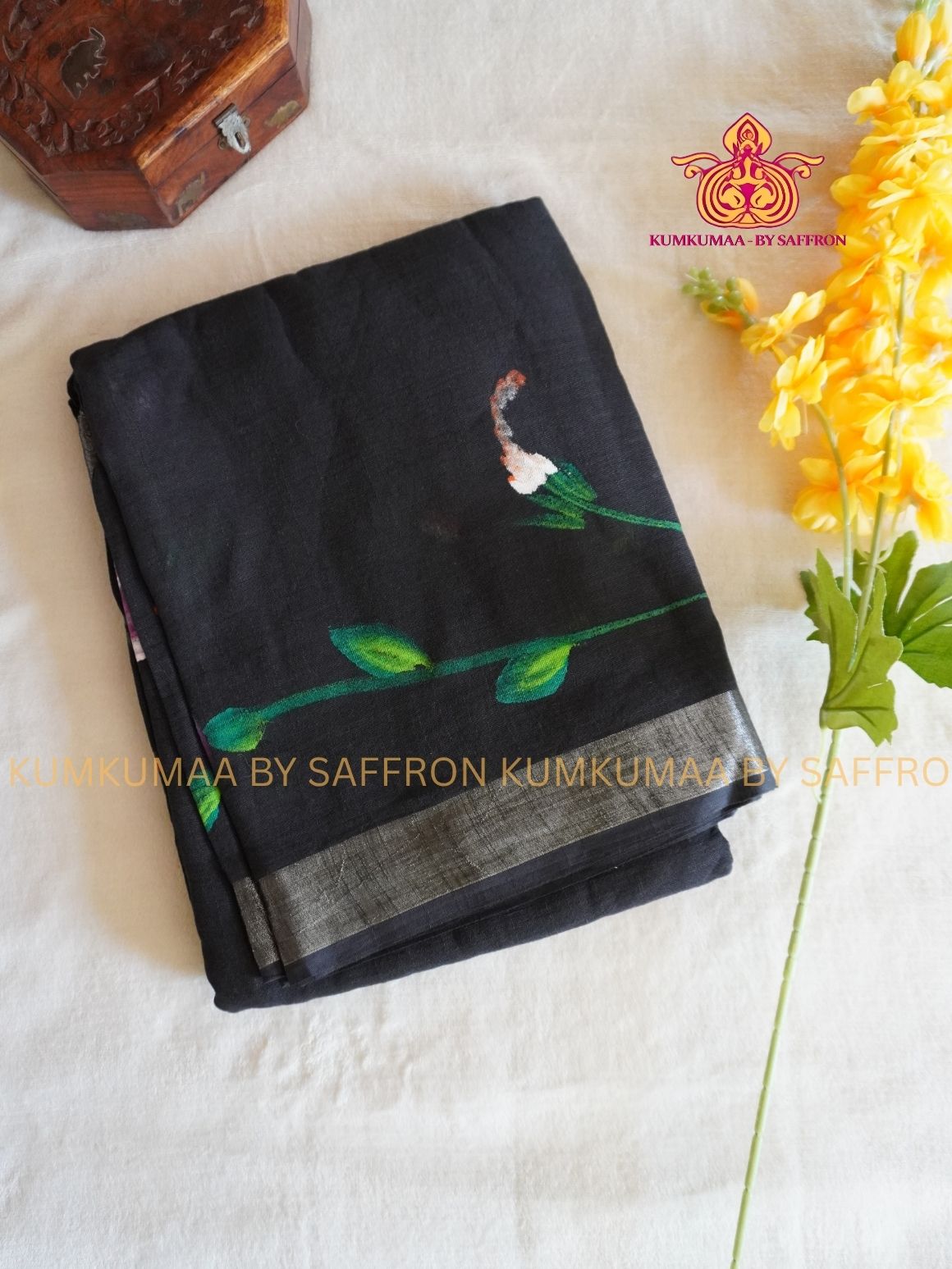 LINEN COTTON- BLACK COLOUR SAREE- FLORAL PAINTING DESIGN - Soft and comfortable everyday wear saree - WITH BLOUSE - Kumkumaa exclusive - Comfort wear  Collection- Trendy and comfortable