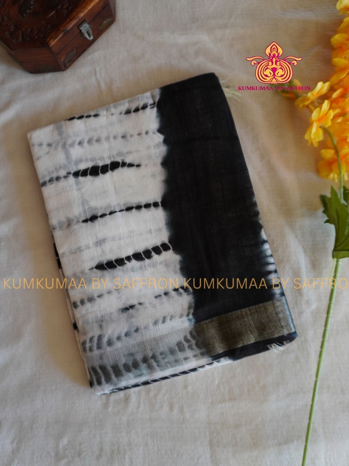 LINEN COTTON- BLACK WITH WHITE COLOUR SAREE- SHIBORI LINES DESIGN - Soft and comfortable everyday wear saree - WITH BLOUSE - Kumkumaa exclusive - Comfort wear Collection- Trendy and comfortable