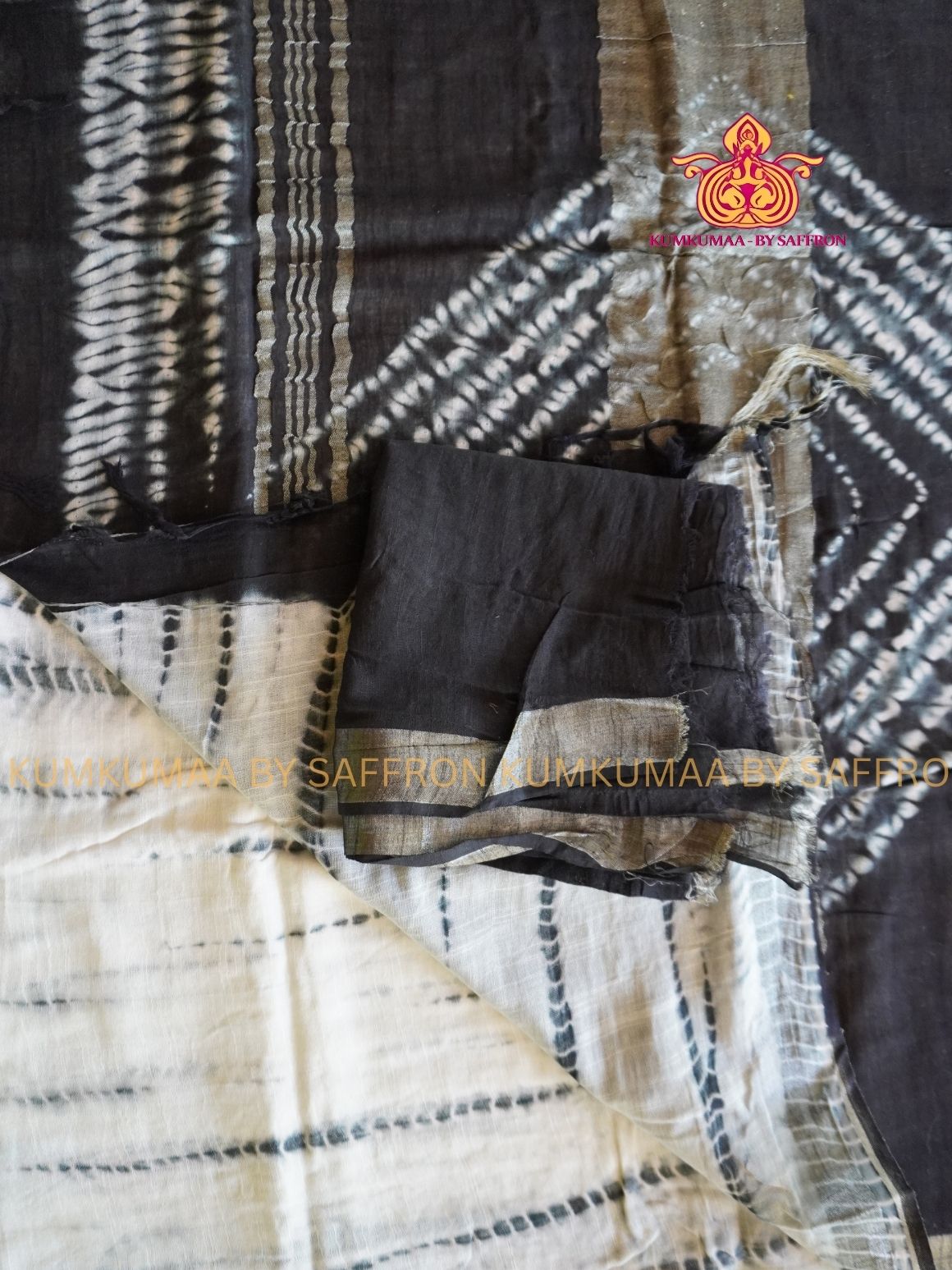 LINEN COTTON- BLACK WITH WHITE COLOUR SAREE- SHIBORI LINES DESIGN - Soft and comfortable everyday wear saree - WITH BLOUSE - Kumkumaa exclusive - Comfort wear Collection- Trendy and comfortable