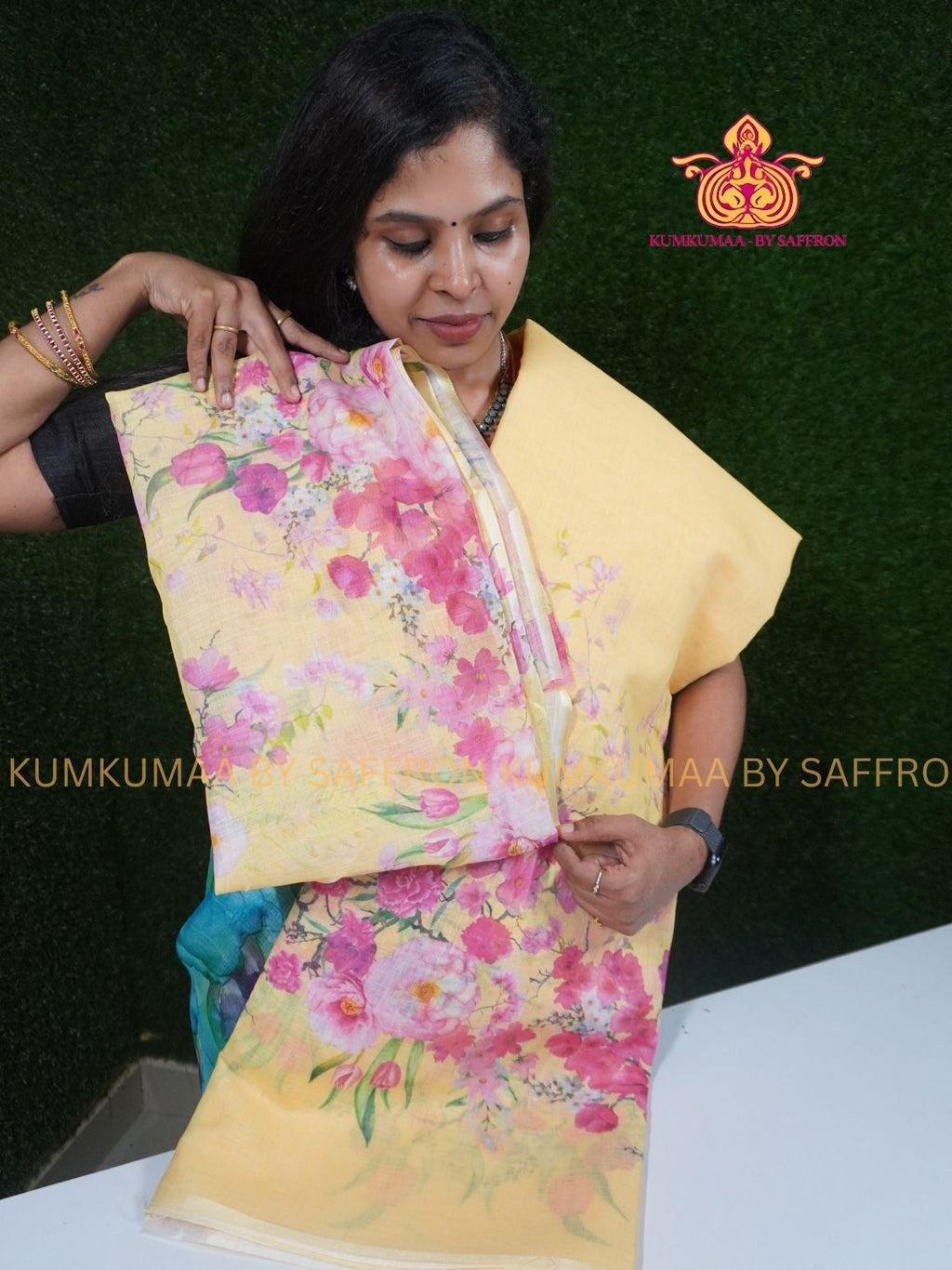 LINEN COTTON-PASTELYELLOW COLOUR SAREE- PINK FLORAL DESIGN - Soft and comfortable everyday wear saree - WITH BLOUSE - Kumkumaa exclusive - Comfort wear Collection- Trendy and comfortable