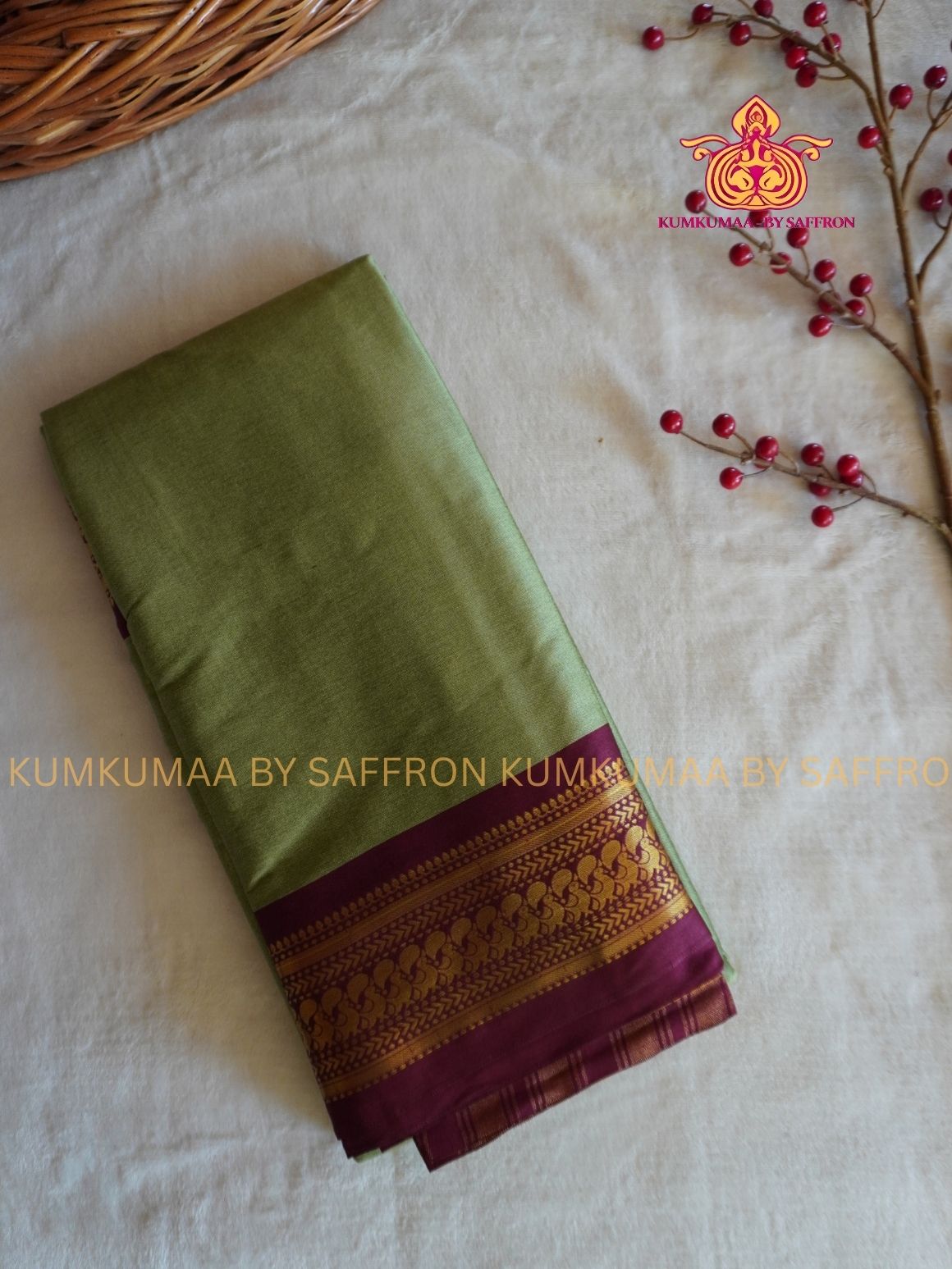 MERCEDISED COTTON-OLIVE GREEN AND MAROON SAREE WITH BLOUSE- KANCHI STYLE BORDER- TRADITIONAL WEAR - Kumkumaa FESTIVE WEAR - EXCLUSIVE SHINY AND SOFT