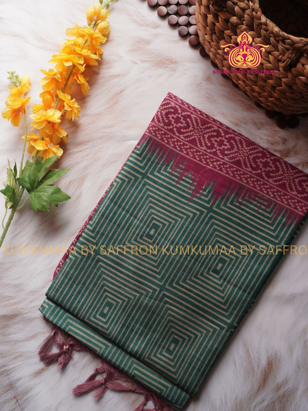 SEMI- TUSSAR SILK - GREEN AND MAUVE COLOUR - GEOMETRIC DESIGN SAREE - LATEST COLLECTION - KUMKUMAA BY SAFFRON - UNIQUE DESIGN