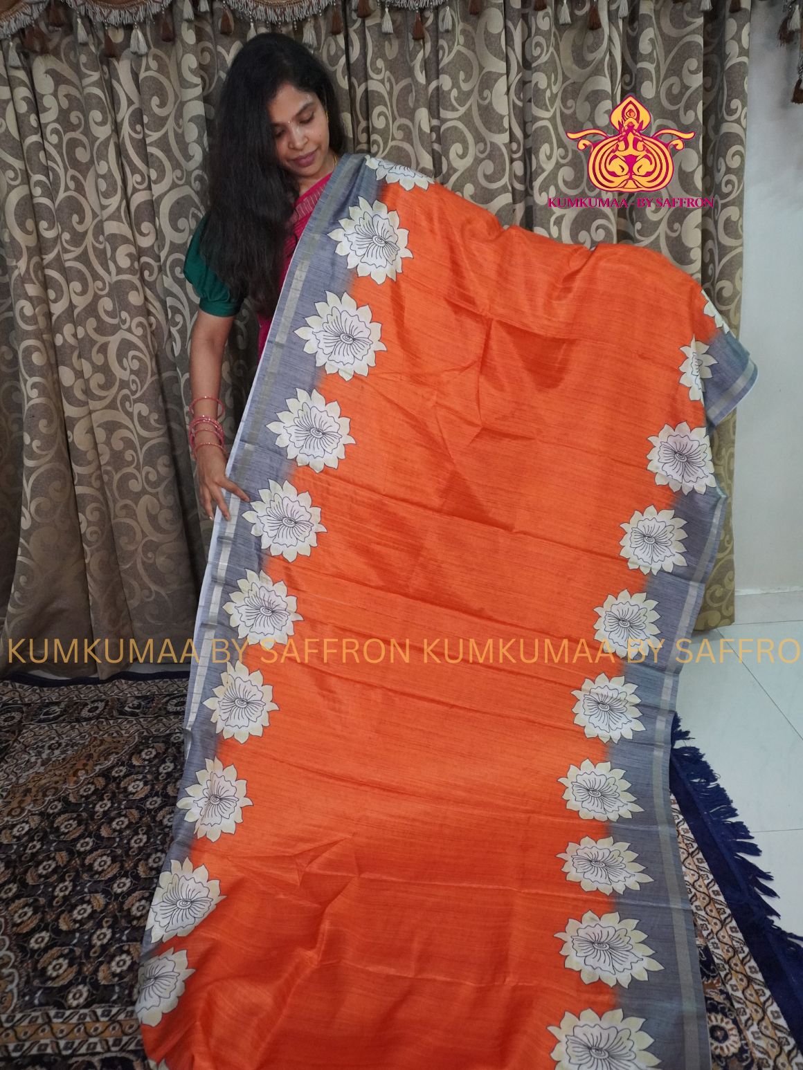 TUSSAR SILK - ORANGE AND GRAY - FLORAL PRINTED SAREE - SKIRTING BORDER - LATEST COLLECTION - KUMKUMAA BY SAFFRON - UNIQUE DESIGN
