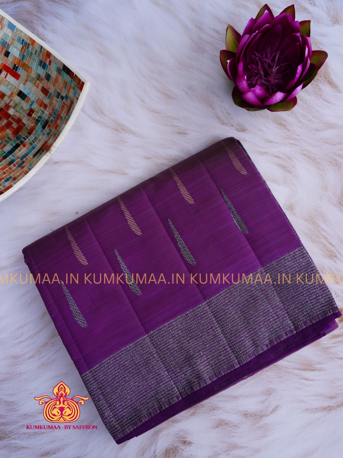 RAW SILK SAREE - PURPLE SAREE WITH THILAK DESIGN WITH STRIPED BORDER - ETHNIC WEAR - EXCLUSIVE KUMKUMAA COLLECTION- RAW SILK MATERIAL - PREMIUM QUALITY -FESTIVE