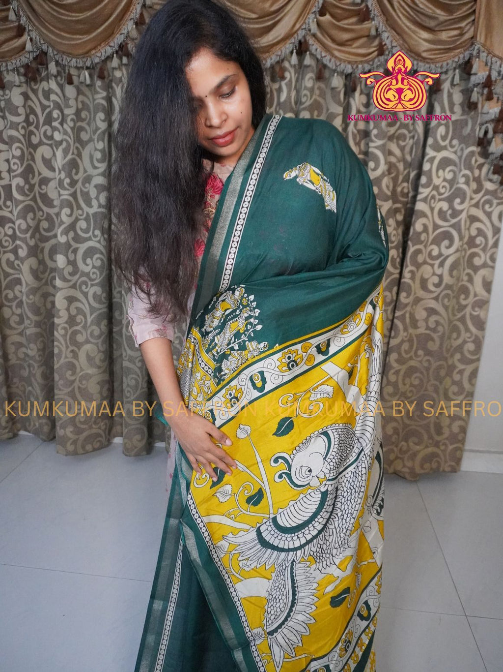 MAHESHWARI COTTON SILK- DARK GREEN AND YELLOW SAREE WITH BLOUSE - MINIMALISTIC BORDER -FLORAL DESIGN PRINTED- Kumkumaa FESTIVE - OCCASION ELEGANCE - STYLISH AND BEAUTIFUL