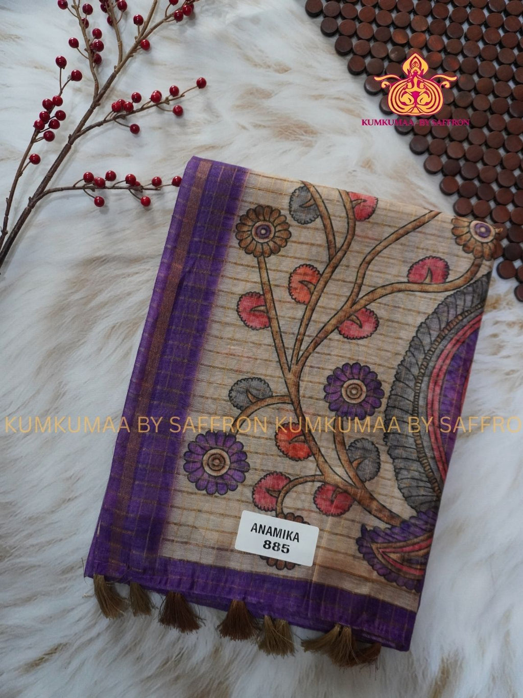 COTTON SILK- PURPLE AND BEIGE SAREE WITH BLOUSE -FLORAL KALAMKARI DESIGN - Kumkumaa FESTIVE - OCCASION ELEGANCE - STYLISH AND BEAUTIFUL