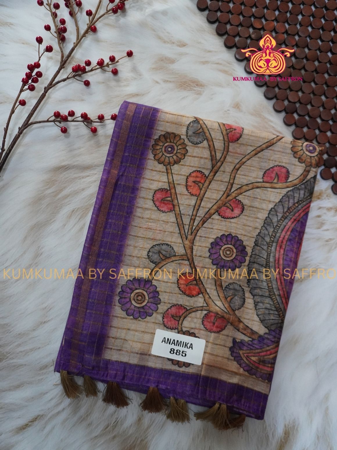 COTTON SILK- PURPLE AND BEIGE SAREE WITH BLOUSE -FLORAL KALAMKARI DESIGN - Kumkumaa FESTIVE - OCCASION ELEGANCE - STYLISH AND BEAUTIFUL