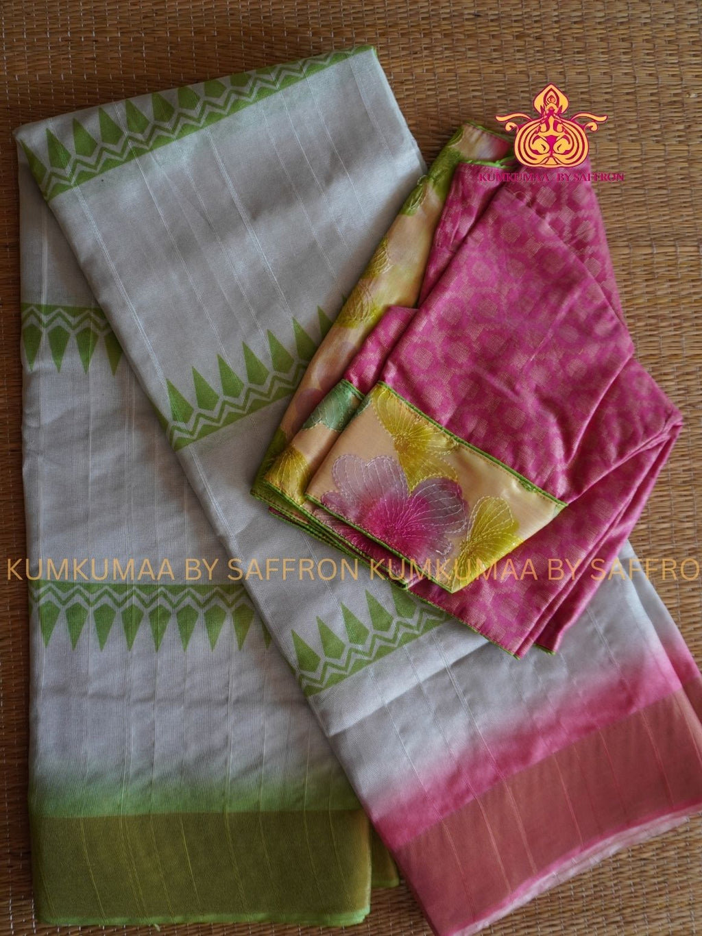 TUSSAR SILK -WHITE WITH MULTICOLOUR TILAK PRINTED SAREE- WITH FULLY STITCHED BLOUSE - LATEST COLLECTION - KUMKUMAA BY SAFFRON - UNIQUE DESIGN