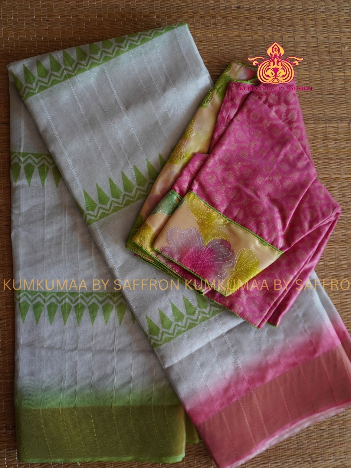 TUSSAR SILK -WHITE WITH MULTICOLOUR TILAK PRINTED SAREE- WITH FULLY STITCHED BLOUSE - LATEST COLLECTION - KUMKUMAA BY SAFFRON - UNIQUE DESIGN