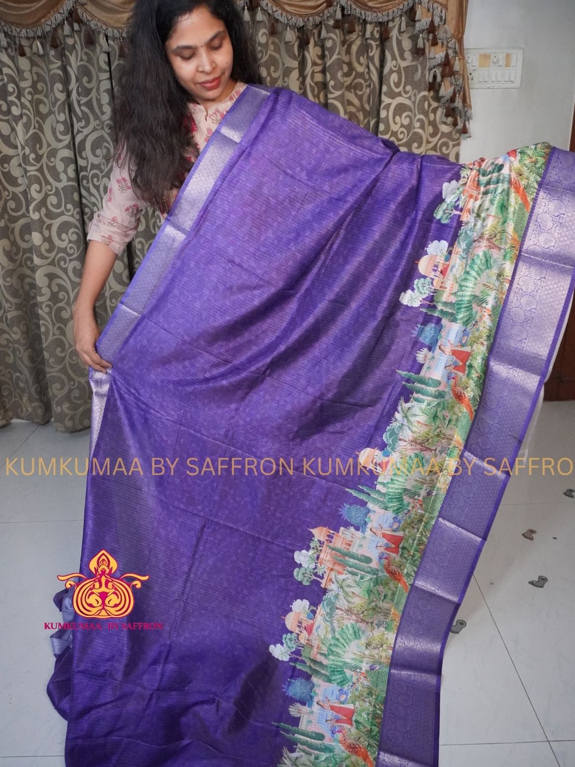 Dola Silk - COMFORTABLE FESTIVE Beautiful saree for women- PURPLE - ZARI STRIPES DESIGN - ANIMAL &amp; FOREST PRINT - KUMKUMAA TRENDY TRADITIONAL WEAR - Comfort - Confidence - Elegance