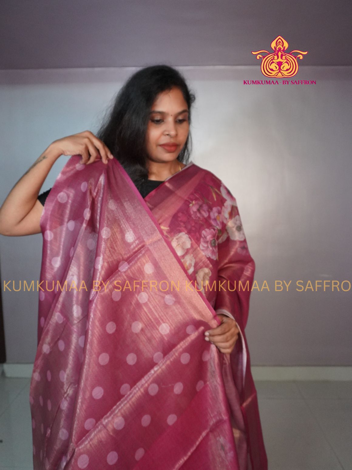 TISSUE LINEN COTTON- PINK COLOUR SAREE- FLORAL DESIGN - ELEGANT TRENDY SAREE - WITH BLOUSE - Kumkumaa exclusive - Comfort wear Collection- Trendy and comfortable