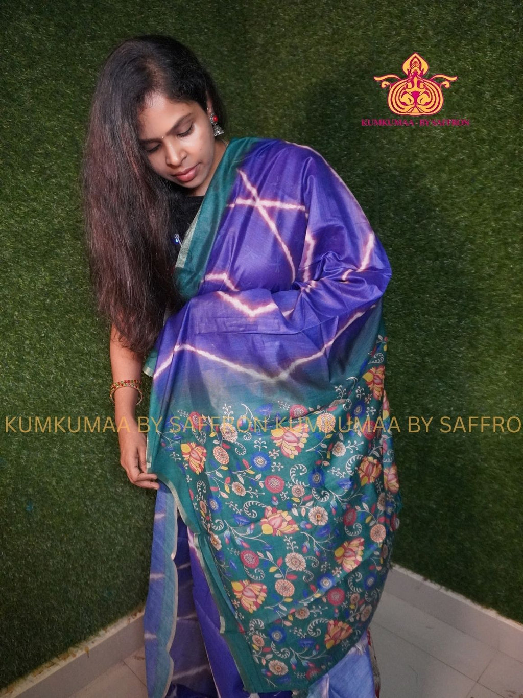 CHANDERI COTTON - PURPLE WITH DARK GREEN - ZIG ZAG DESIGN FLORAL BLOUSE AND PALLU- PROFESSIONAL WEAR- MINIMALIST BORDER - LATEST COLLECTION - KUMKUMAA BY SAFFRON - ELITE DESIGN