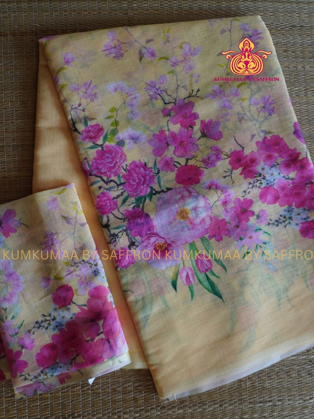 LINEN COTTON-PASTELYELLOW COLOUR SAREE- PINK FLORAL DESIGN - Soft and comfortable everyday wear saree - WITH BLOUSE - Kumkumaa exclusive - Comfort wear Collection- Trendy and comfortable