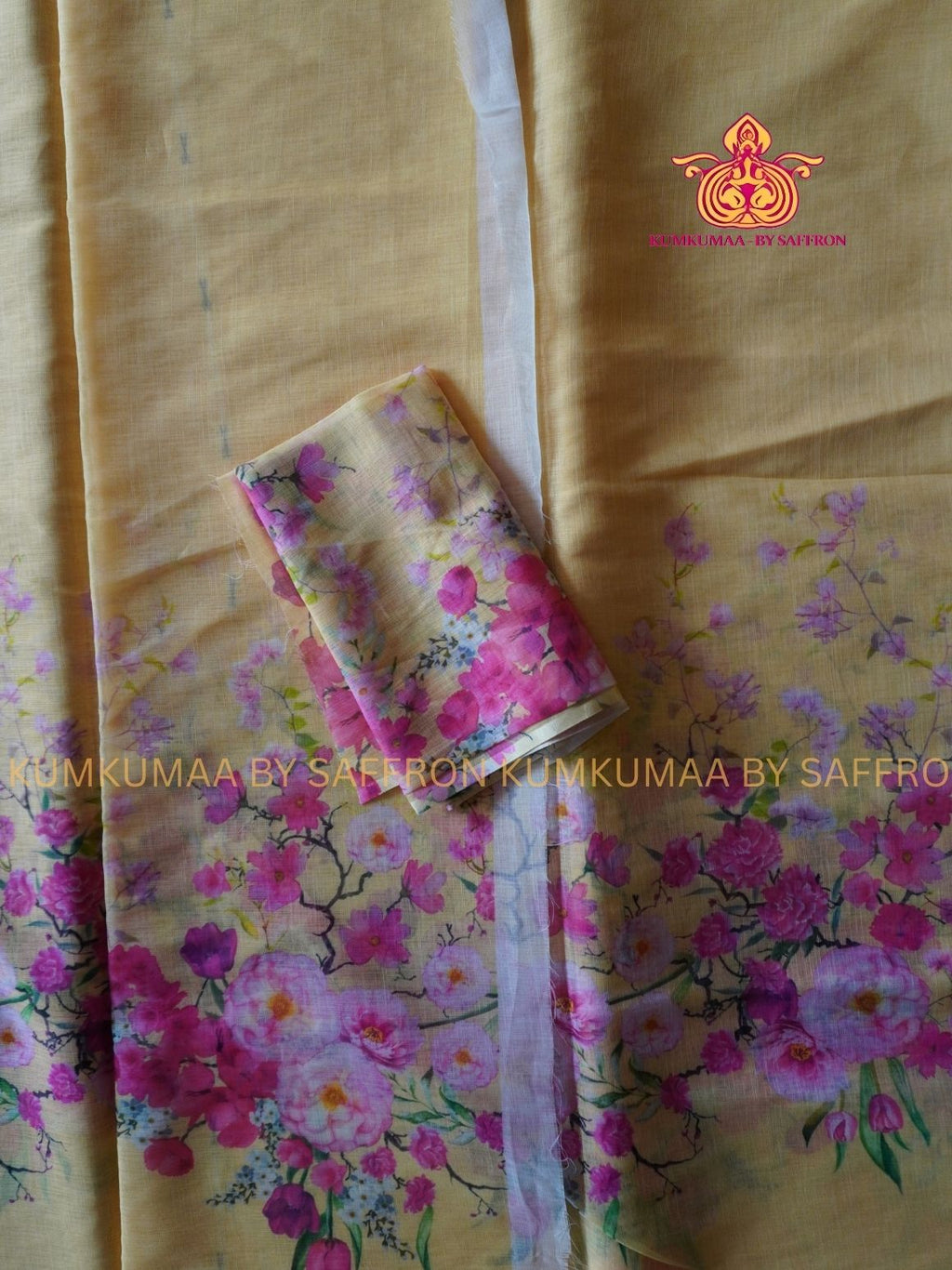 LINEN COTTON-PASTELYELLOW COLOUR SAREE- PINK FLORAL DESIGN - Soft and comfortable everyday wear saree - WITH BLOUSE - Kumkumaa exclusive - Comfort wear Collection- Trendy and comfortable
